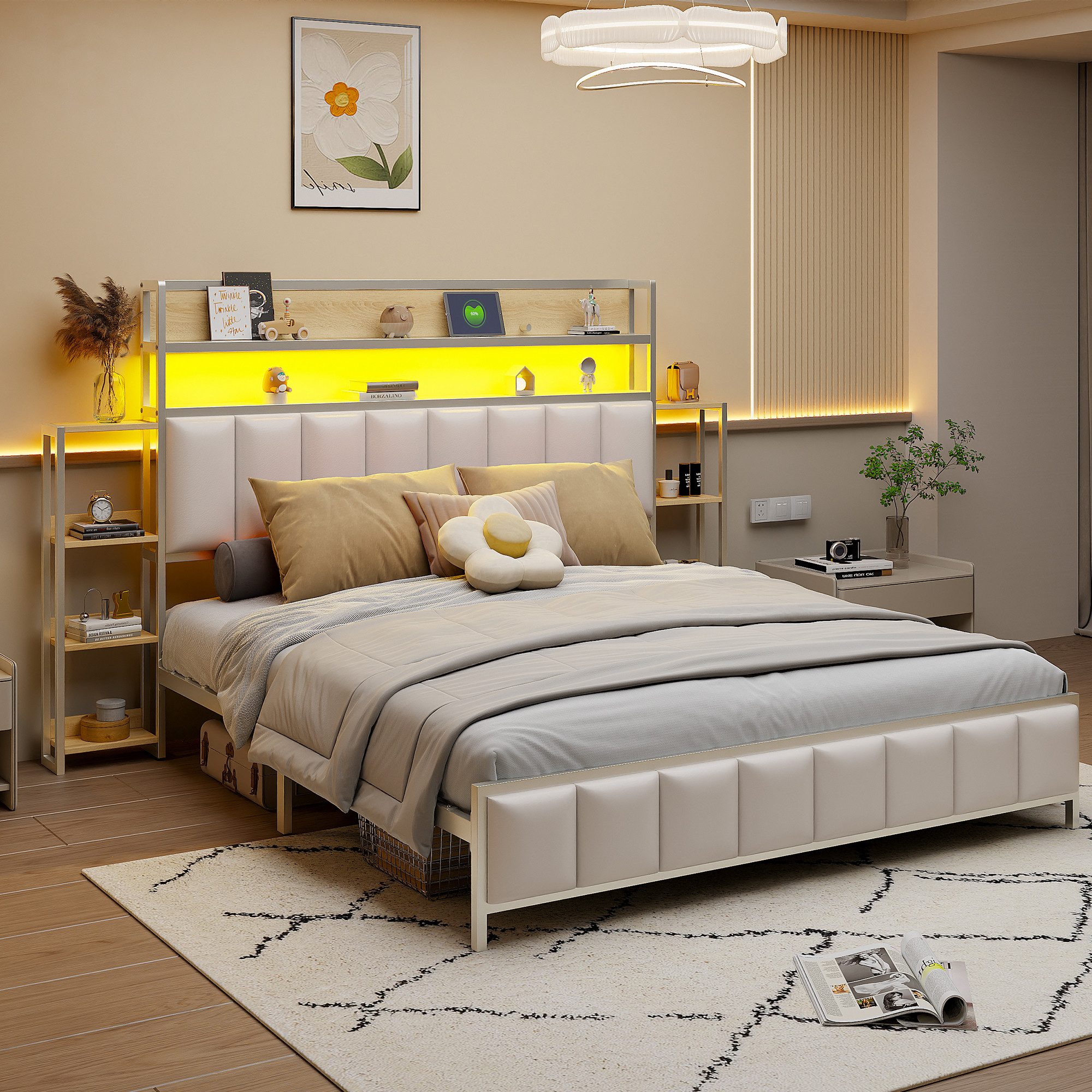 Flieks Metallbett, LED Kunstleder-Polsterbett Doppelbett 160x200cm günstig online kaufen