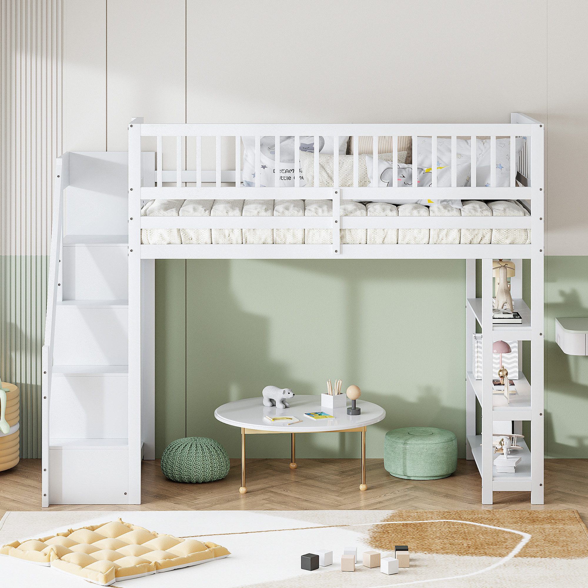 Flieks Hochbett Kinderbett 90x200cm mit Kleiderschrank, Regalen und Staurau günstig online kaufen