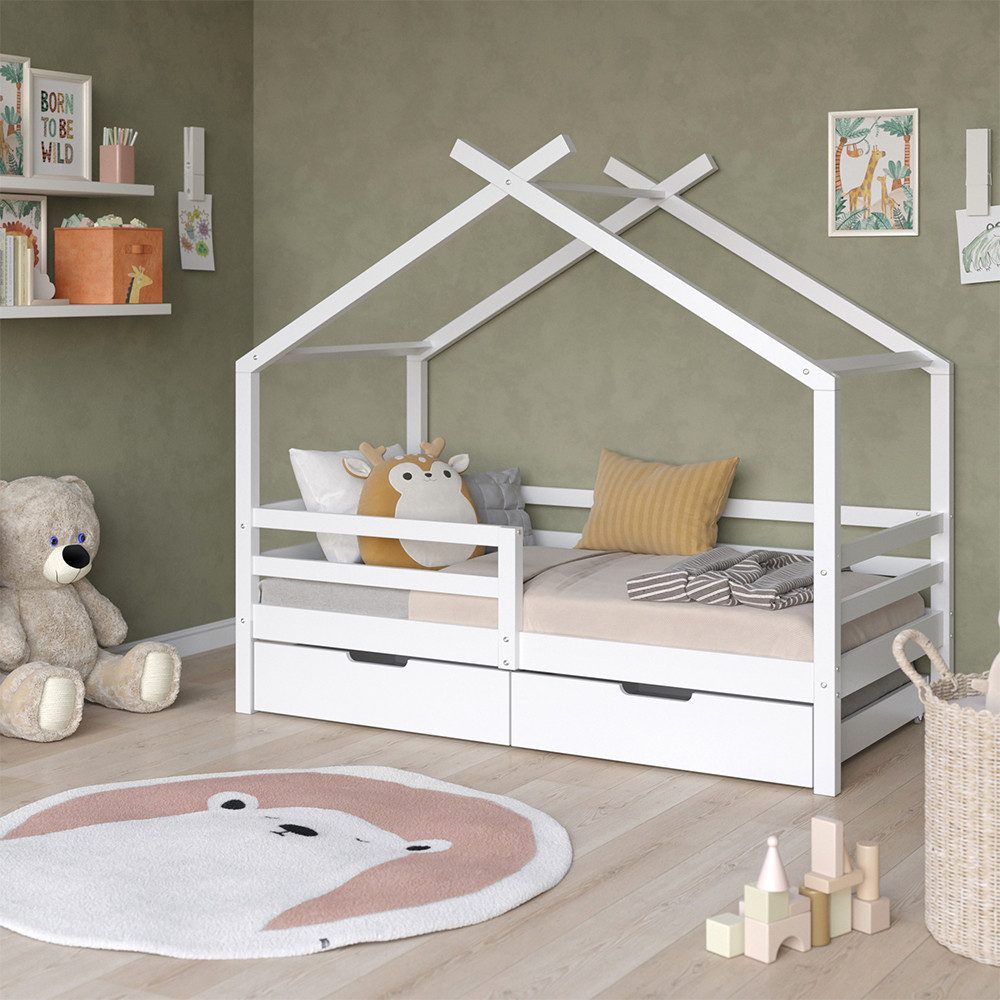 Hausbett Luni, Weiß, 160 x 80 cm mit Aufbewahrungskästen