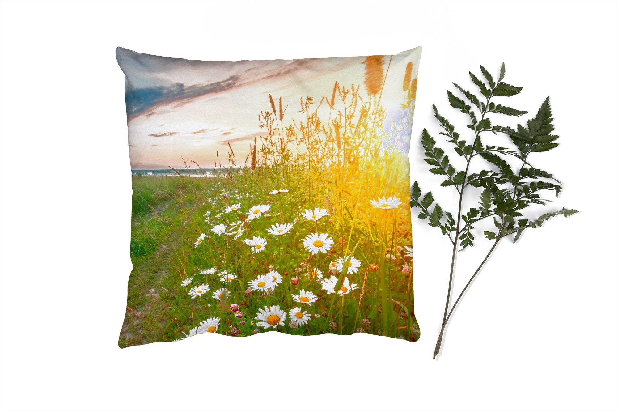 Gänseblümchen Sofakissen MuchoWow mit - Sonne Dekokissen Wohzimmer, für - Füllung Deko, Natur Blumen - Horizont, Zierkissen Schlafzimmer, -