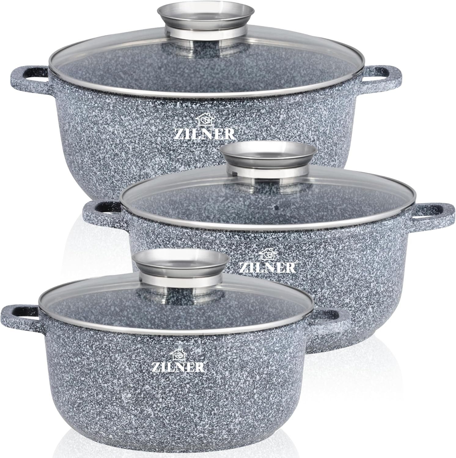 Zilner Topf-Set Schöne graue Steintöpfe in 3 verschiedenen Größen, Aluminiumguss, Aluminium, Keramik, Edelstahl (Passt in jede Küche! 2.3L-20cm / 4.5L-24cm / 6.8L - 28cm, 6-tlg., Es ist eine perfekte Geschenkidee für jeden Anlass), Innovative Aroma Knob-Griffe