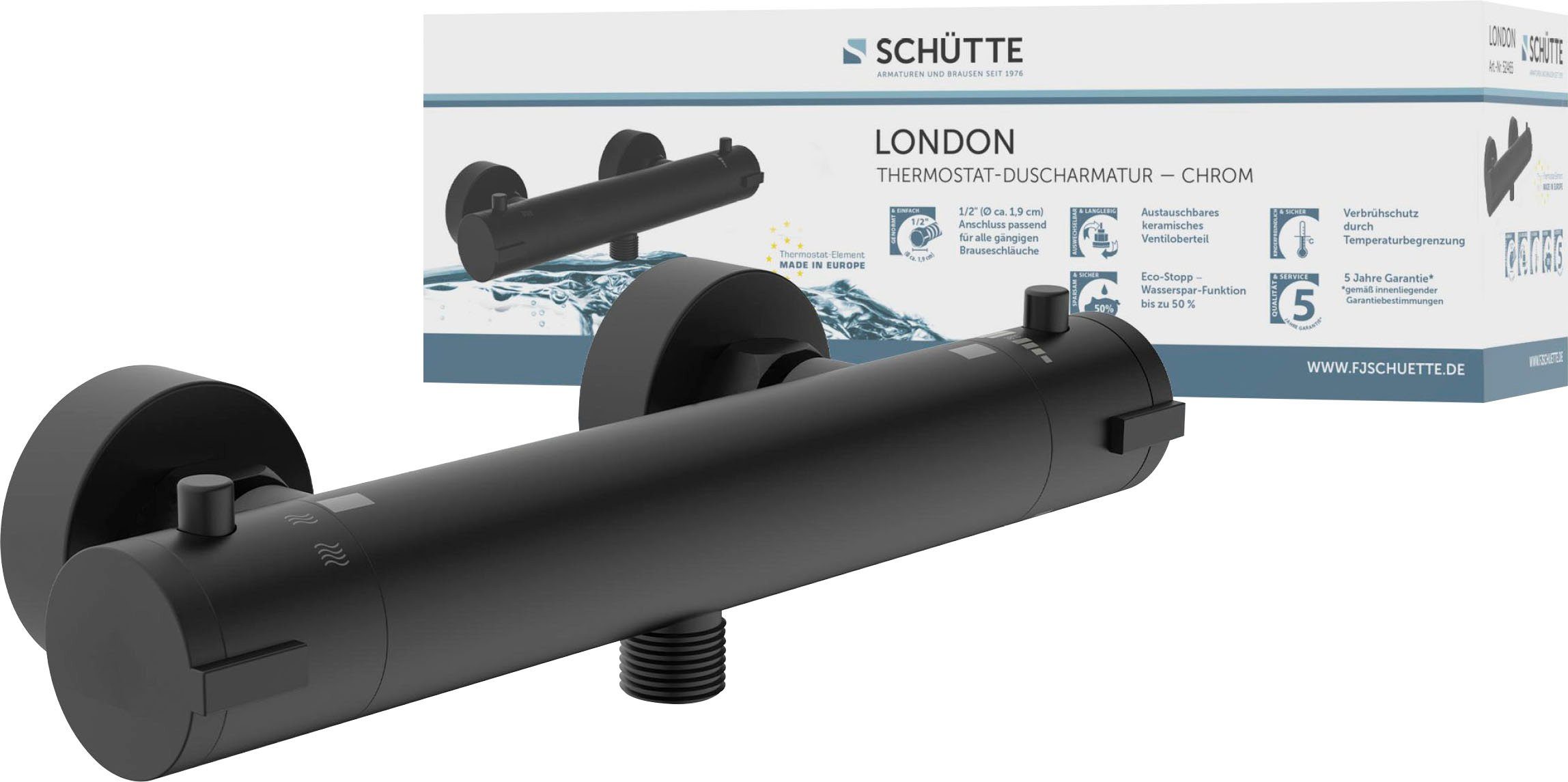 Schütte Duscharmatur London mit Duschthermostat Thermostat, Schwarz matt Mischbatterie Dusche