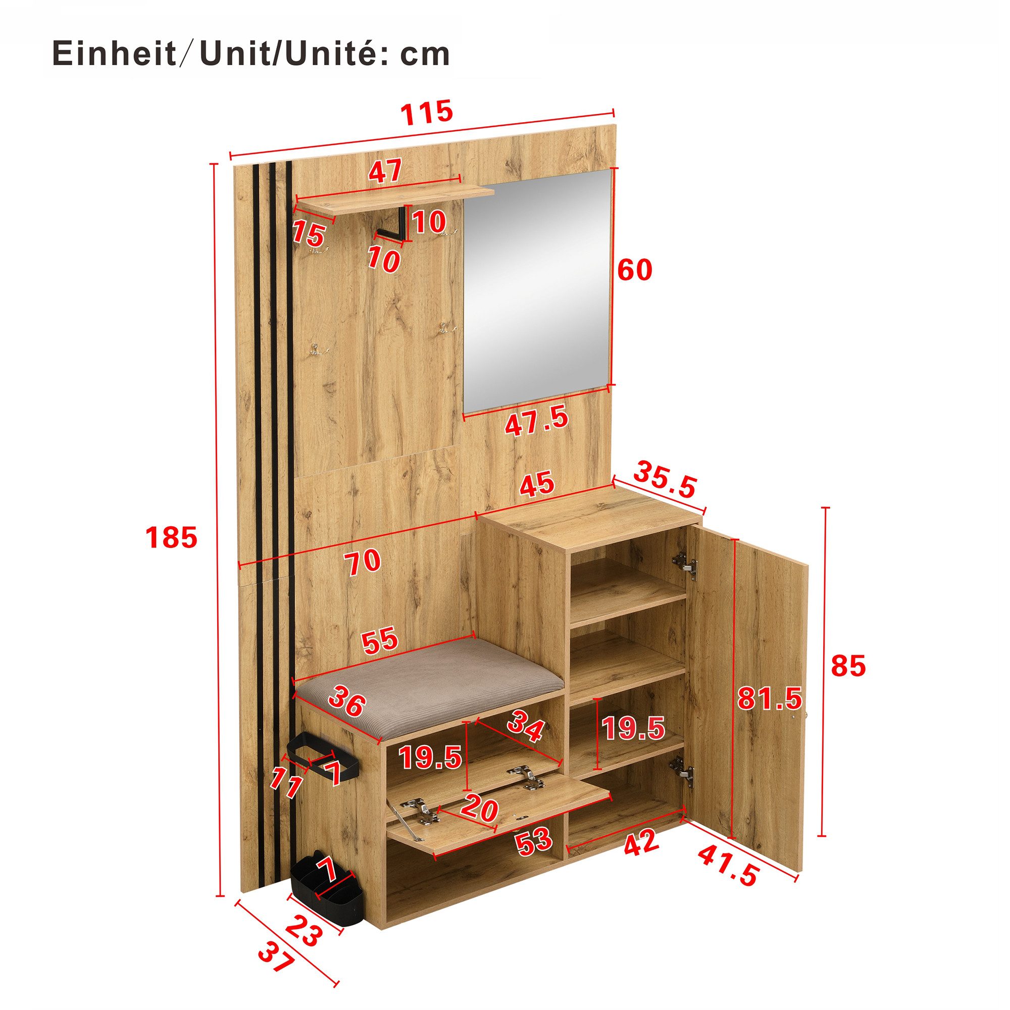 Merax Garderoben-Set Kompaktgarderobe mit Spiegel, Sitzkissen & schwarzer Zierleiste, (Flur-Garderobenset Eingangsbereich-Schrank Flurschrank, 1-St., 115x185x37 – Bild 5 von 5