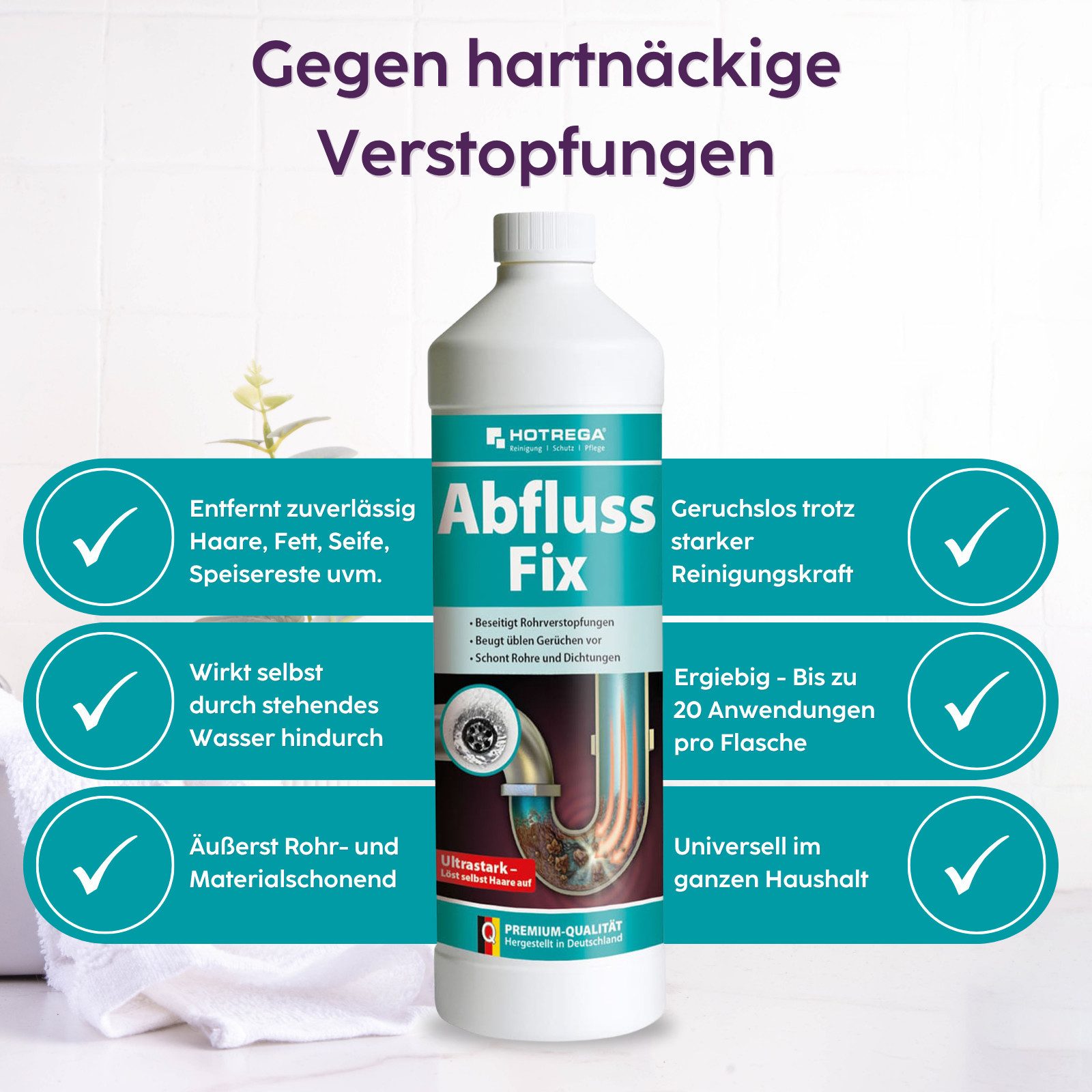 HOTREGA® Abfluss Fix Abflussreiniger Abflussfrei 1L Konzentrat Rohrreiniger (für Küche, Dusche, WC & Bad gegen Haare, Fett & Verstopfungen)