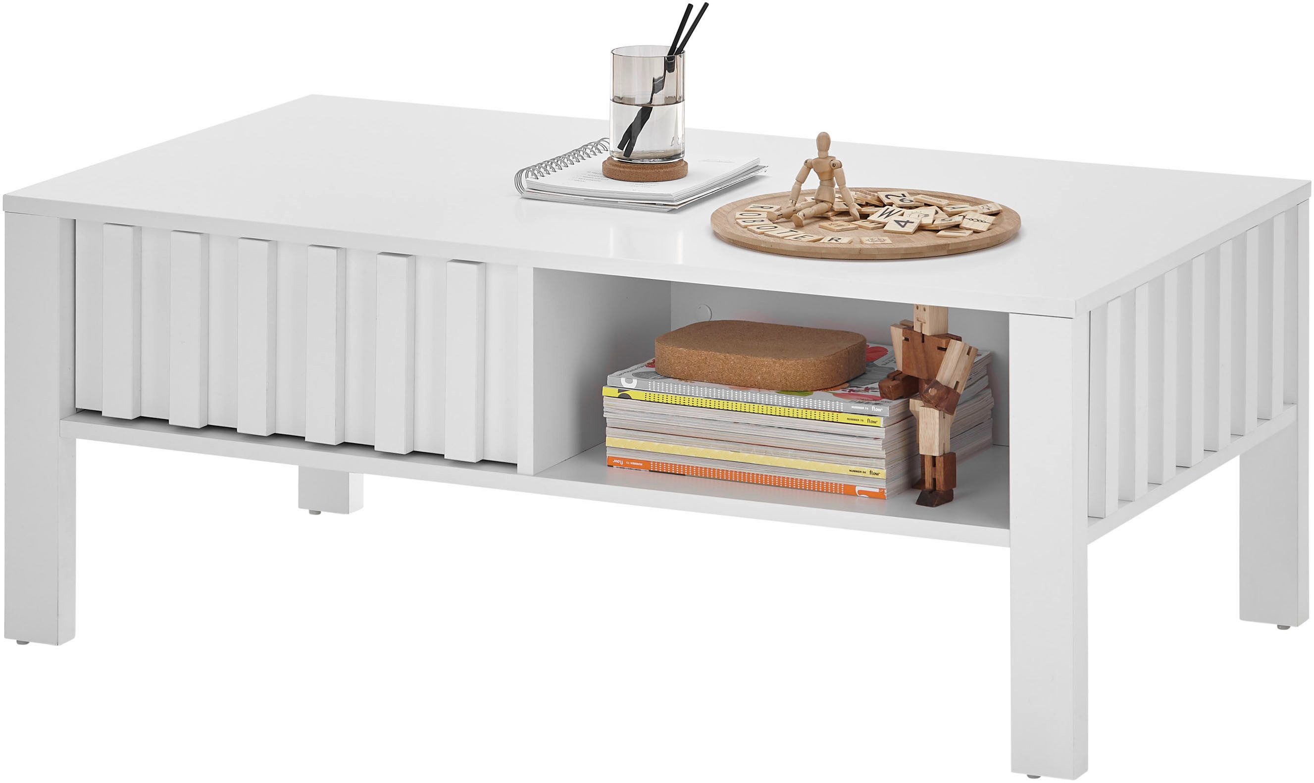Stolkom Sp.z.o.o. Couchtisch Mao weiß matt, Wohnzimmertisch, BxHxT 108x42,5x60 cm, Lamellen Optik, 1 Schublade und 1 offenes Fach