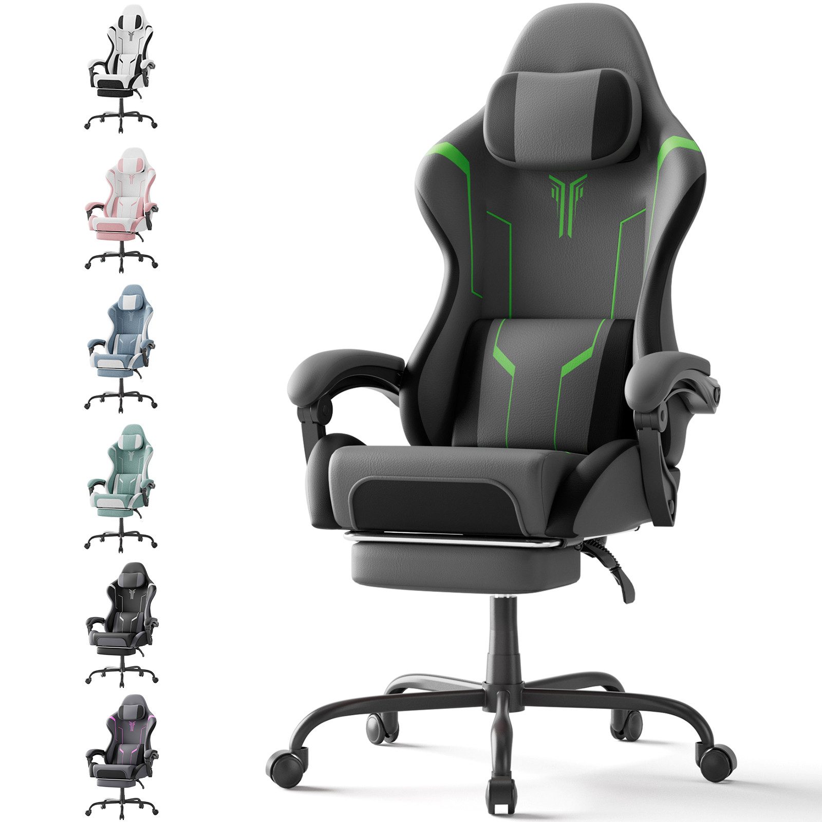 Ferghana Gaming-Stuhl mit Massagefunktion Gaming Chair mit Fußstütze und Kopfkissen (bis zu 135° Neigbar 150 kg Belastbarkeit), Gaming Sessel Rückenlehne