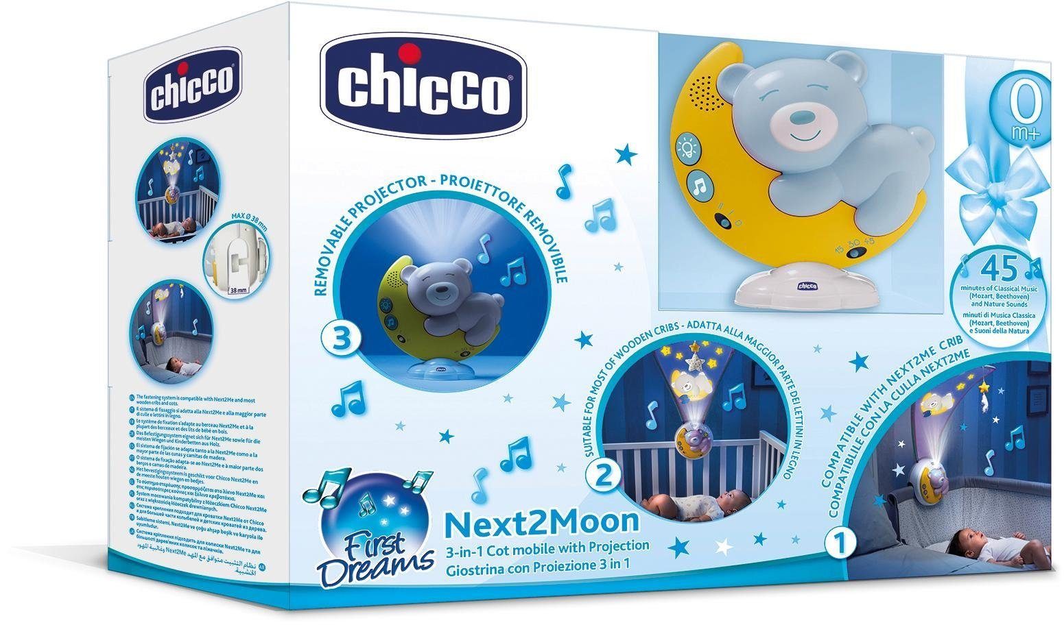 Chicco Nachtlicht Next2Moon, Blau, Melodien, und Sound Timerfunktion, mit Licht Deckenprojektion