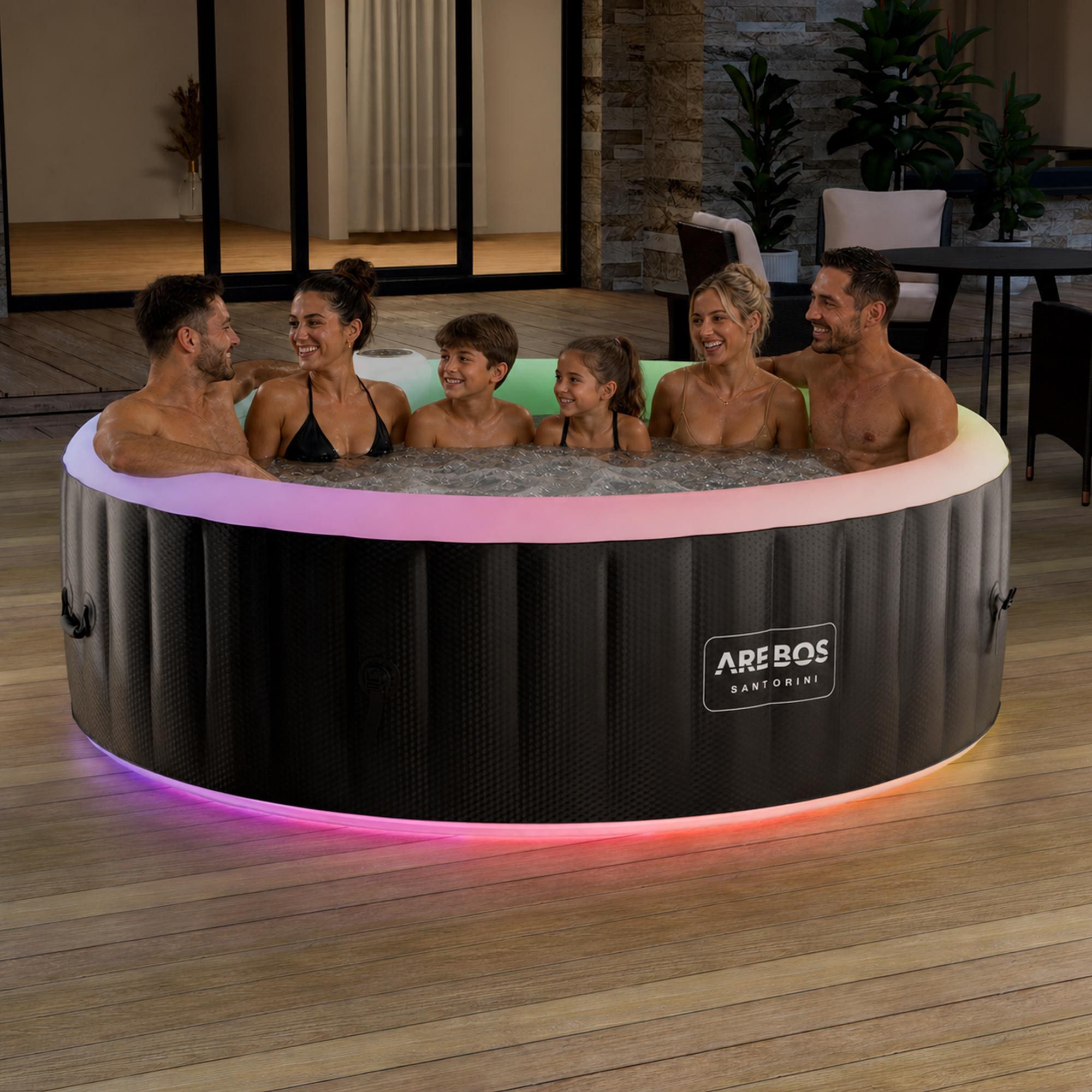 Arebos Whirlpool SANTORINI aufblasbar für bis zu 6 Personen mit 130 Massagedüsen, (Komplett-Set, mit LED-Beleuchtung, 208 x 208 cm), für Outdoor & Indoor