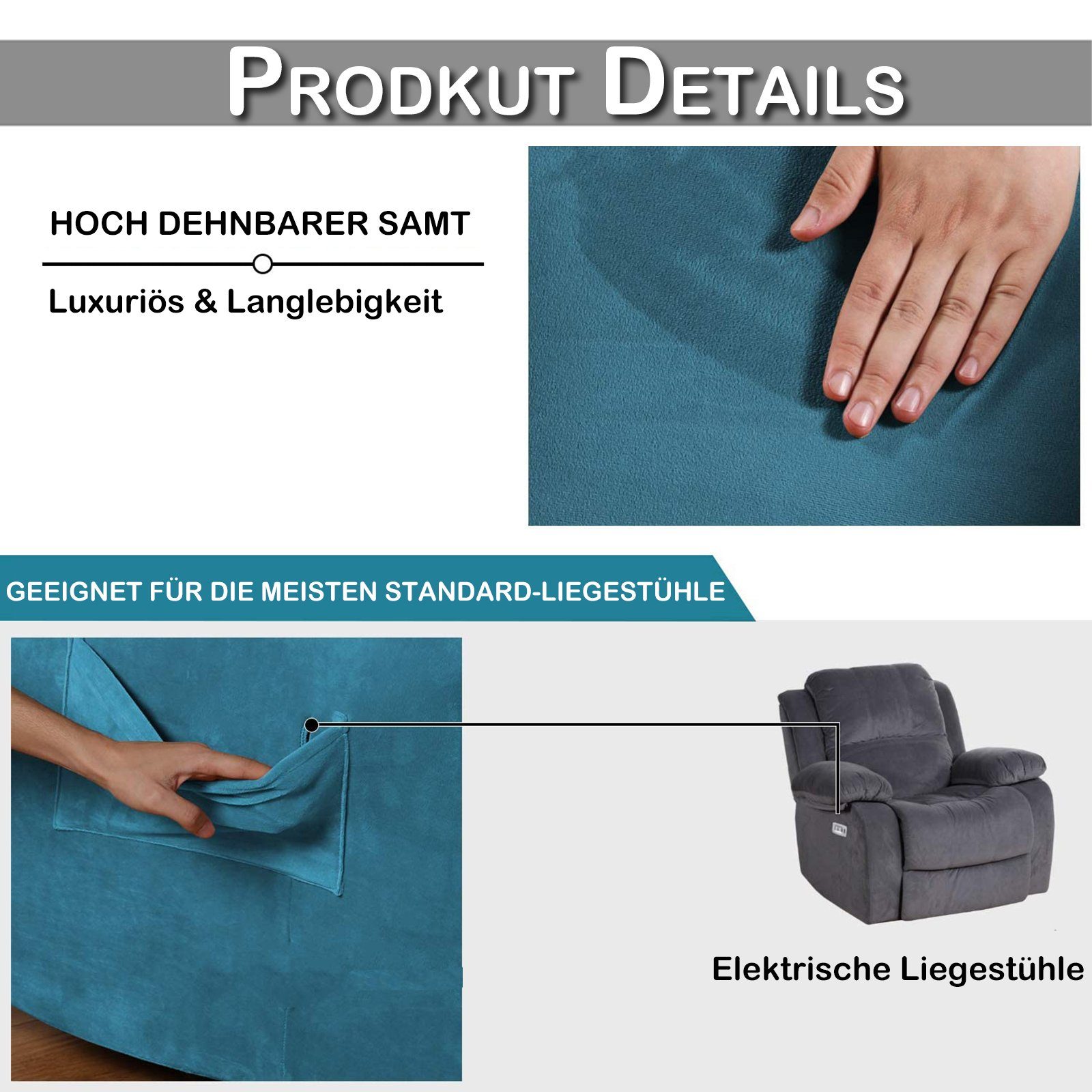 Qelus Relaxsesselhusse Samt Strecken Sesselschoner,Sessel überzug für Relaxsessel 1 Stück, Elastisch,Waschbar,Seitentaschen-Design,Sesselschoner Mit Armlehne