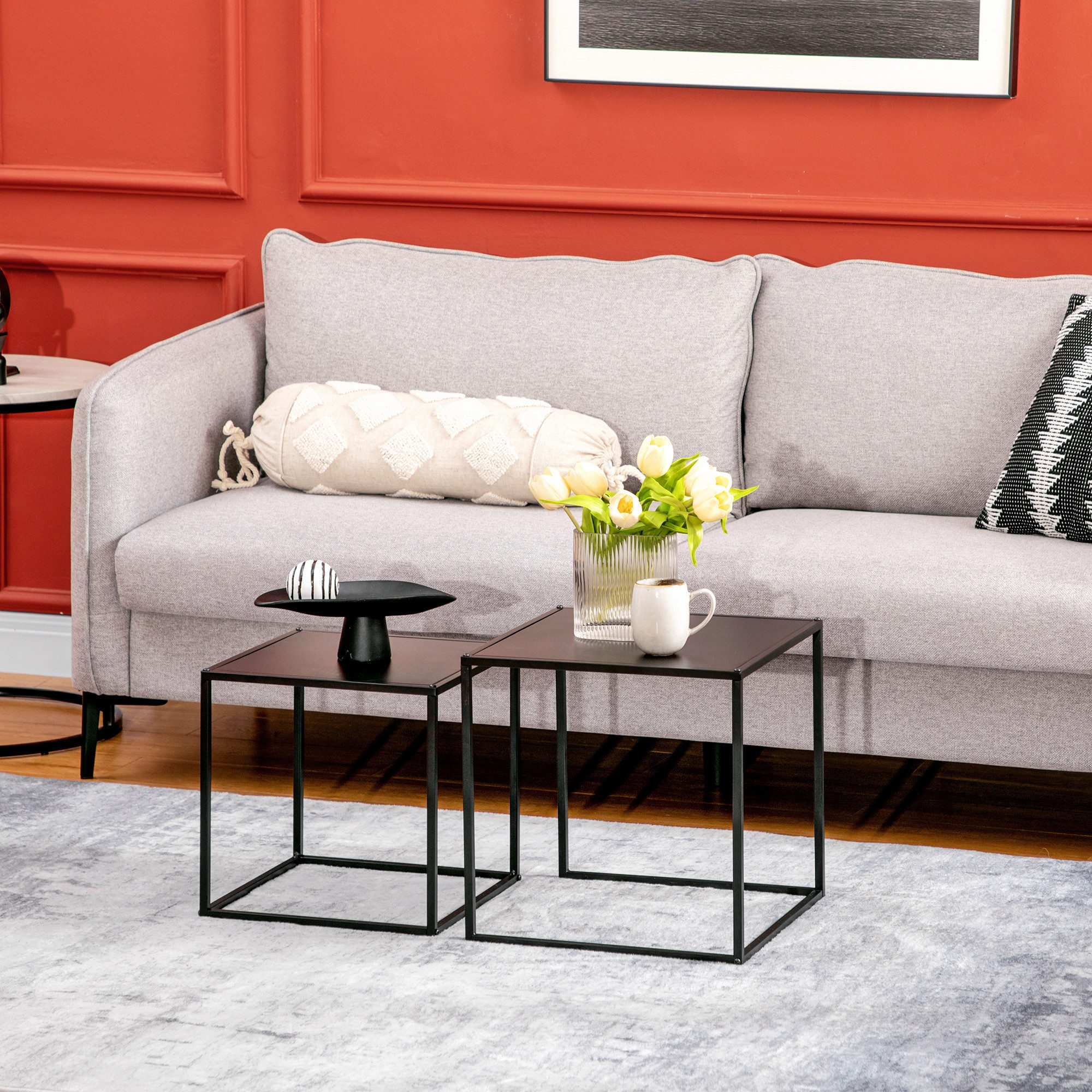 OKWISH Couchtisch Set 2-tlg. 40x40x40/35x35x35 cm aus Stahl in Schwarz (Packung, 2-St., Moderne Beistelltische, je belastbar bis 10 kg), Kombinierbare Tischgruppe für Wohnzimmer & Sofaecke