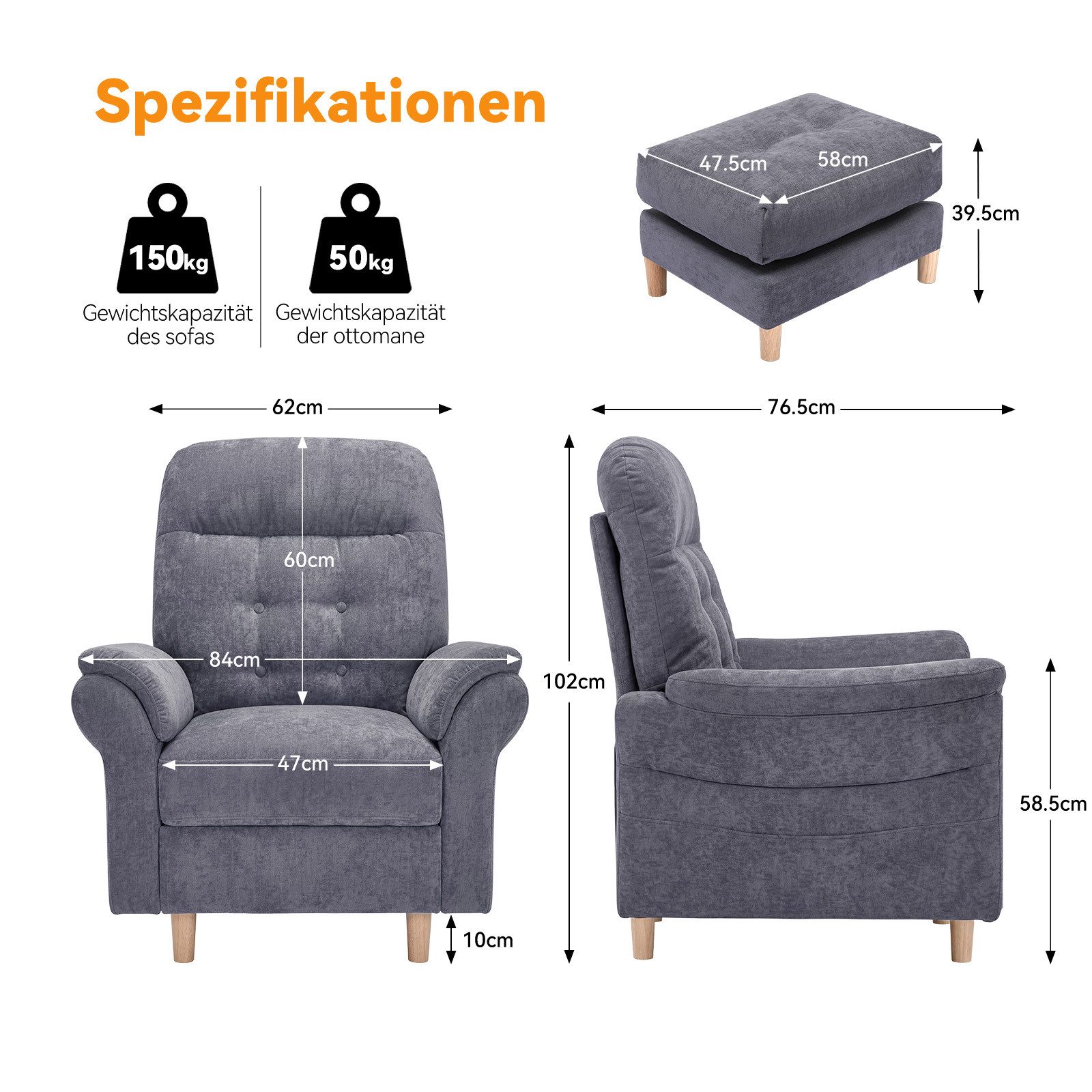 COMHOMA Relaxsessel Fernsehsessel mit Verstellbarer Rückenlehne Verstellung bis 160° (Relaxsessel mit Hocker), Liegesessel mit Hocker Polstersessel Stoff Einzelliegesessel