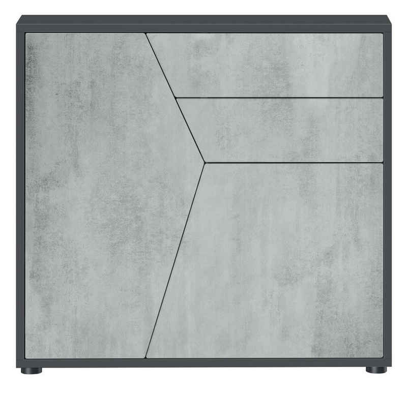 Vladon Kommode Benny (Kommode, mit 2 Türen und 2 Schubladen), Schwarz matt/Beton Oxid Optik (79 x 74 x 36 cm)
