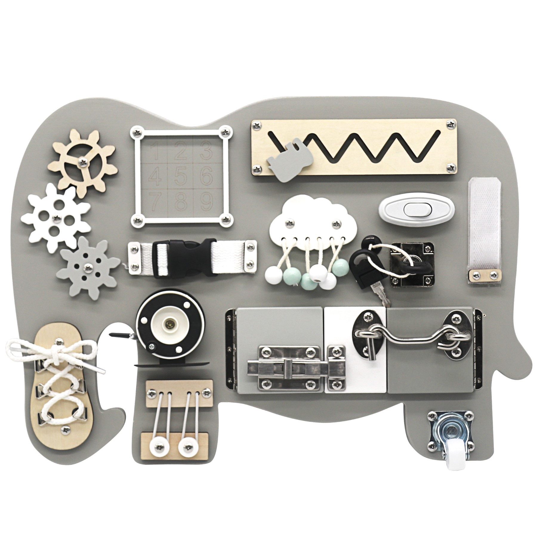 TikTakToo Motorikbrett Activity Board Elefant, mit 14 Aktivitäten