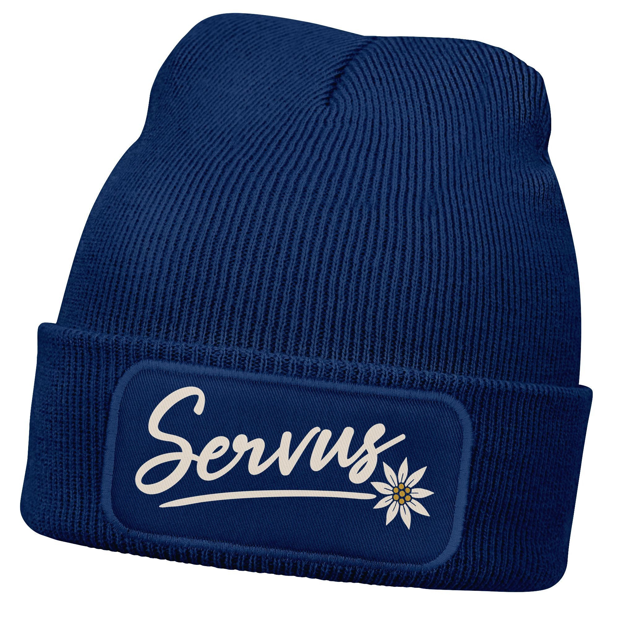 MoonWorks Strickmütze Damen Beanie mit Patch Strickmütze Spruch Servus Mei Dirndl is in da