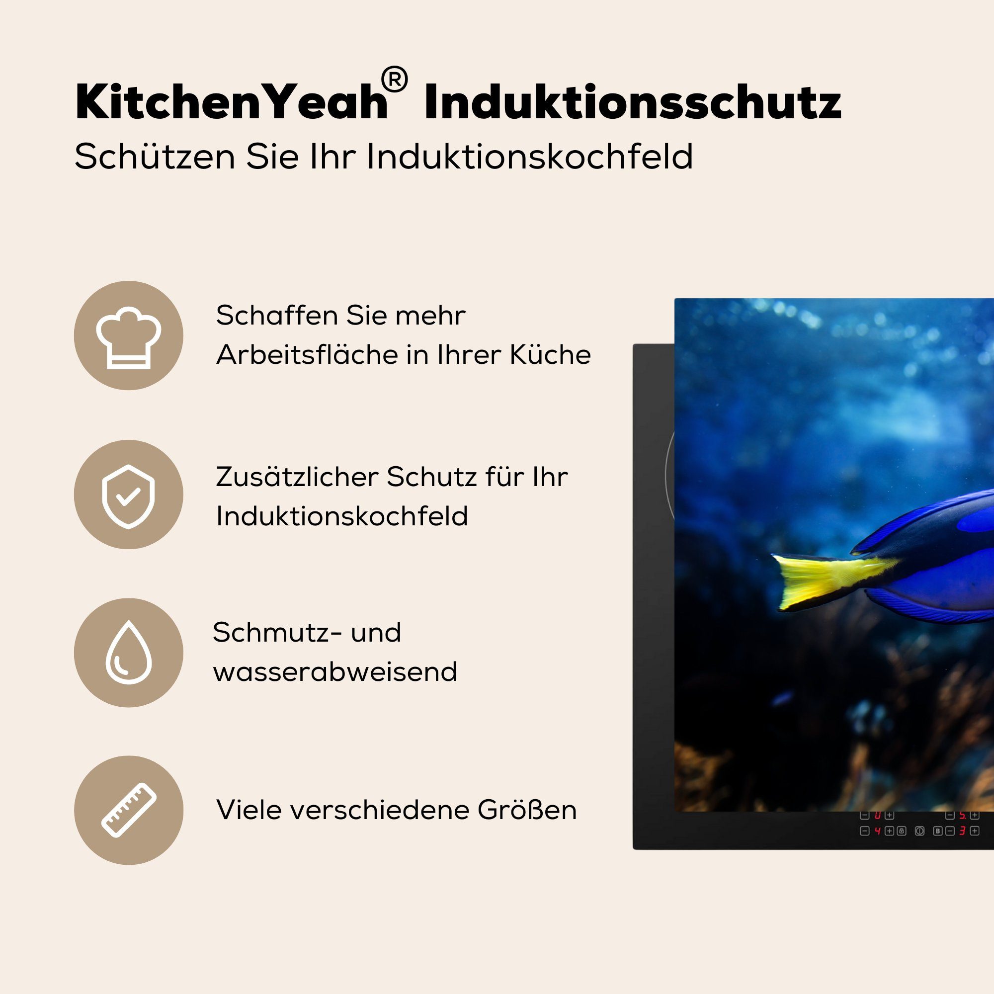 Vinyl, küche, Fisch Herdblende-/Abdeckplatte cm, Aquarium, MuchoWow 81x52 für im Blauer tlg), Schutz Ceranfeldabdeckung die (1 Induktionskochfeld