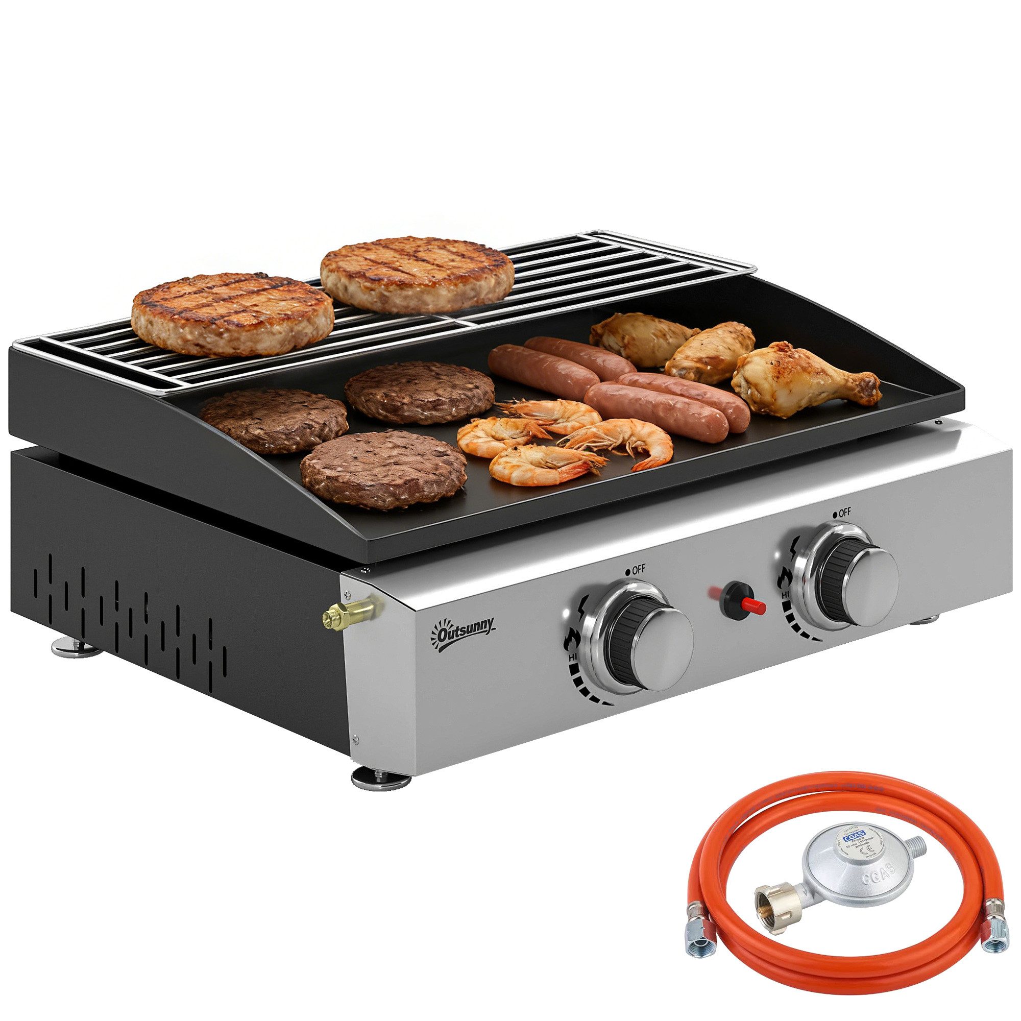 Outsunny Gasgrill mit 2 Brenner, Keramische Lackbeschichtung Grillrost, Warmhalterost, Picknickgrill, Tischgrill, für Garten Balkon