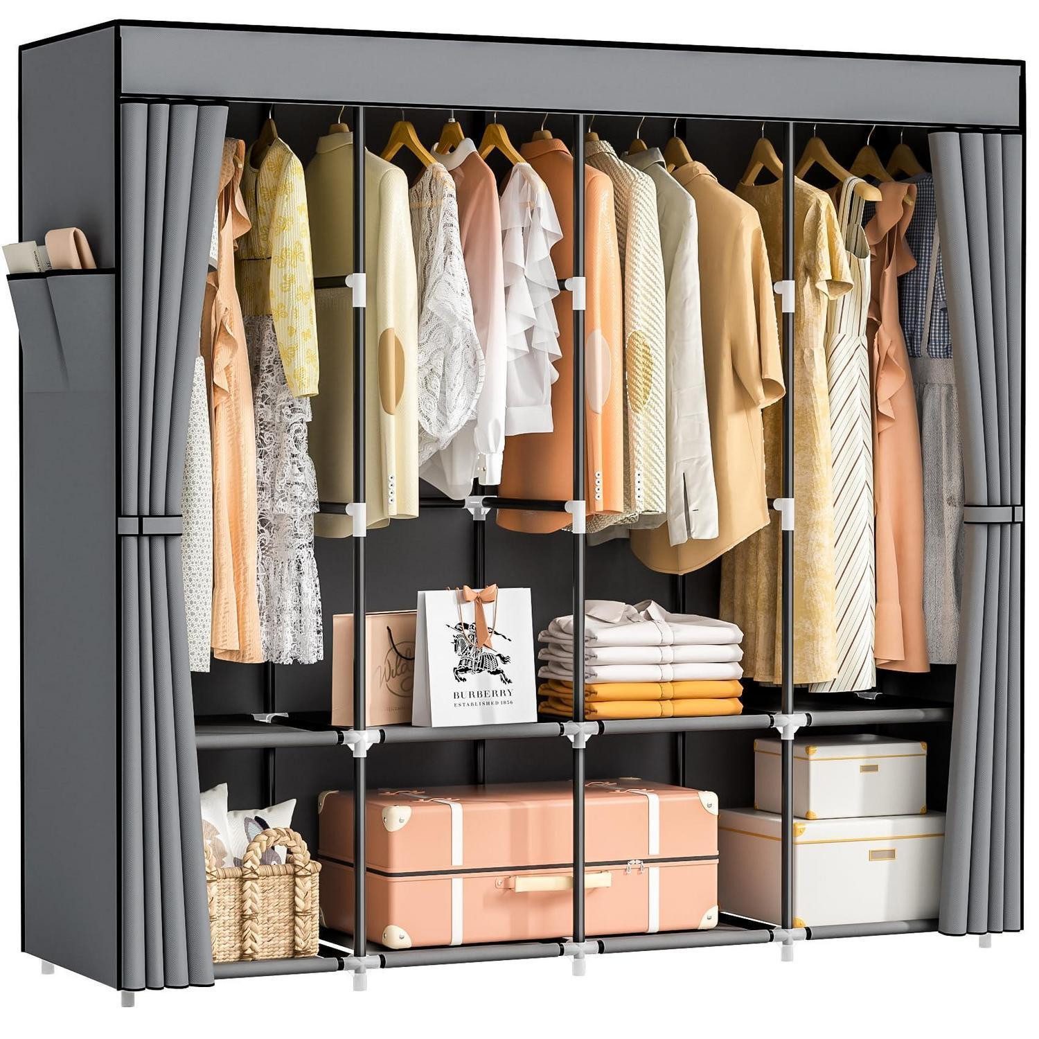 LuxusKollektion Stoffschrank Stoffkleiderschrank mit 4 Kleiderstangen & 8 Fächern Grau