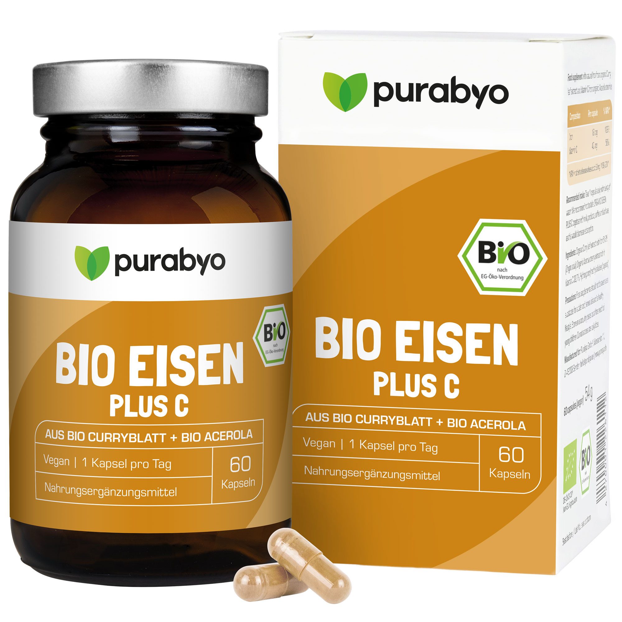 Purabyo BIO Eisen plus C - Eisen aus Bio Curryblatt mit Bio Acerola C, im Glas Kapseln, 60 St., 54 g
