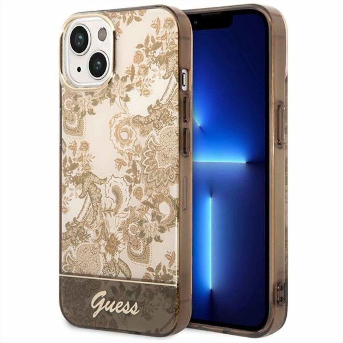 Guess Handyhülle GUESS Schutzhülle für Apple iPhone 14 Plus Cover Schutzhülle Etui Hard Case Ocker