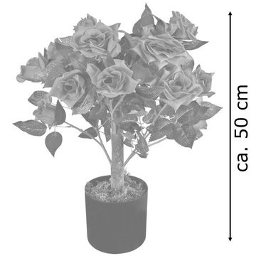Kunstblume Rose Rosenbusch Rosenstock Künstliche Pflanze Rot Echtholz 50 cm, Decovego