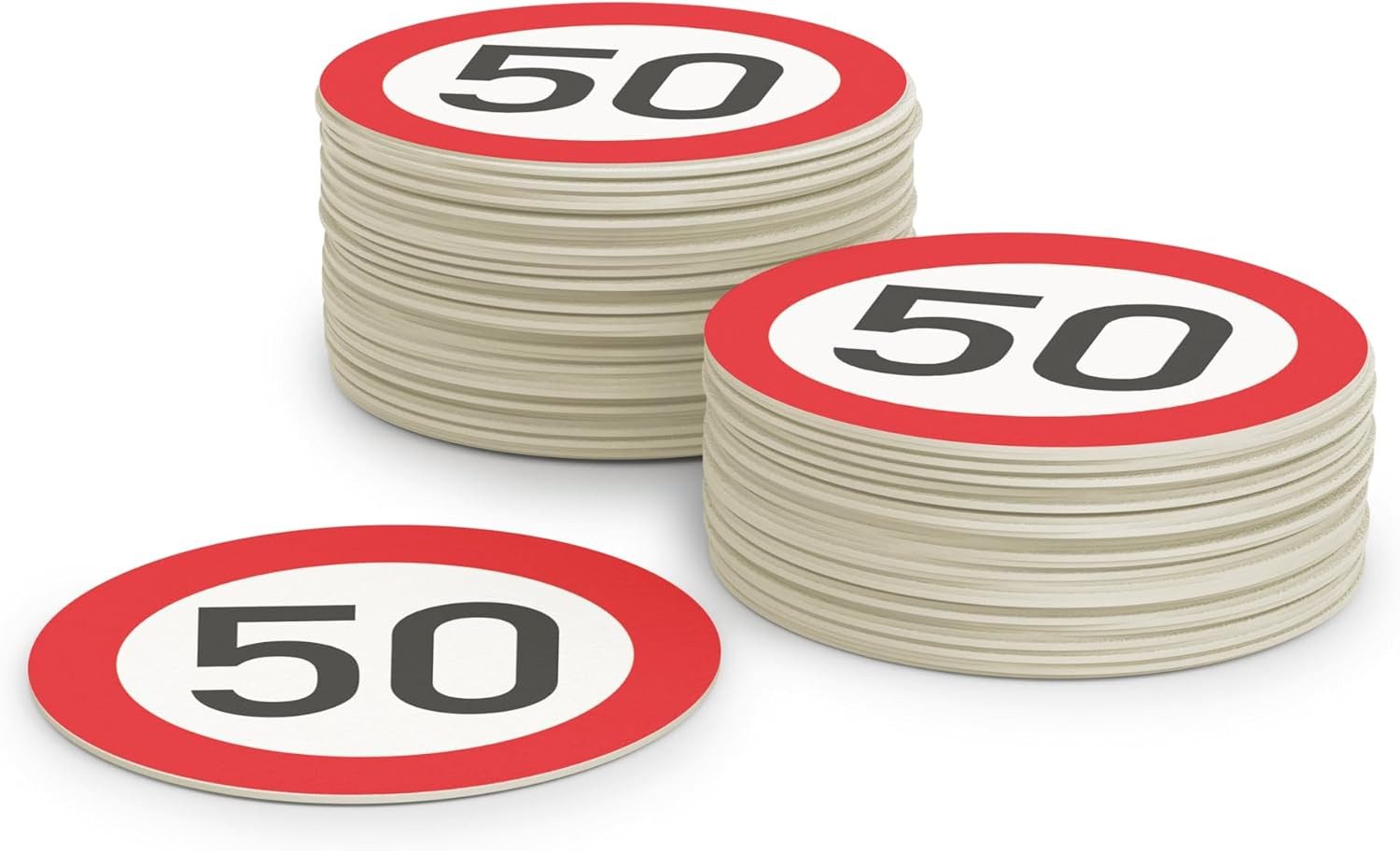 FLYERALARM Bierdeckel Verkehrsschild Design 50 I 50 Stück I Geburtstag Tischdeko, Deko Garten Runder Geburststag Minimalistisch Jubiläum Feier