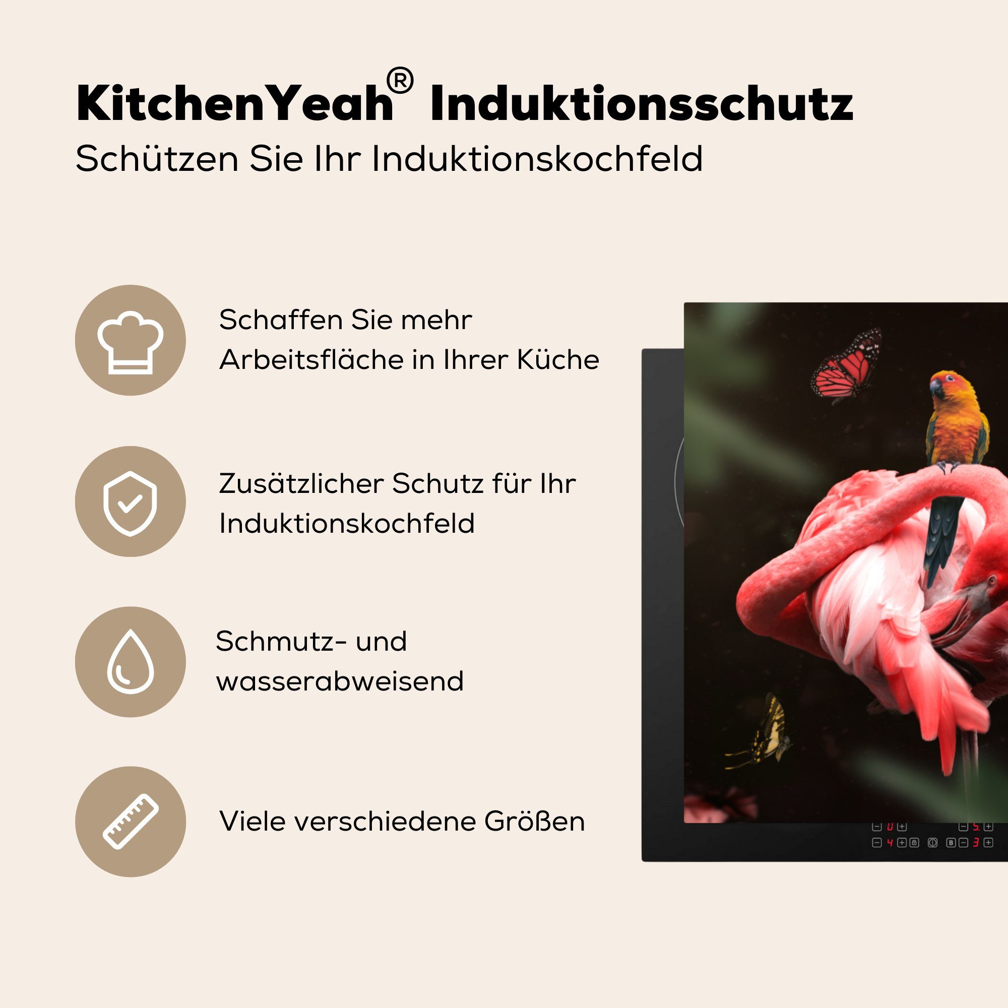 Ceranfeldabdeckung, - Arbeitsplatte Herdblende-/Abdeckplatte Natur, (1 - tlg), 78x78 cm, Vinyl, küche Flamingo Tiere für MuchoWow