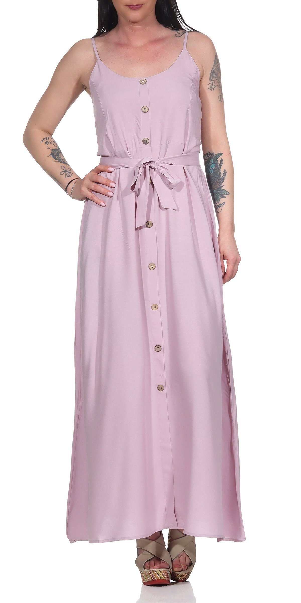 Aurela Damenmode Sommerkleid Damenkleider luftige und leichte Maxikleider  lange Sommerkleider mit langer Deko Knopfleiste und Bindeband