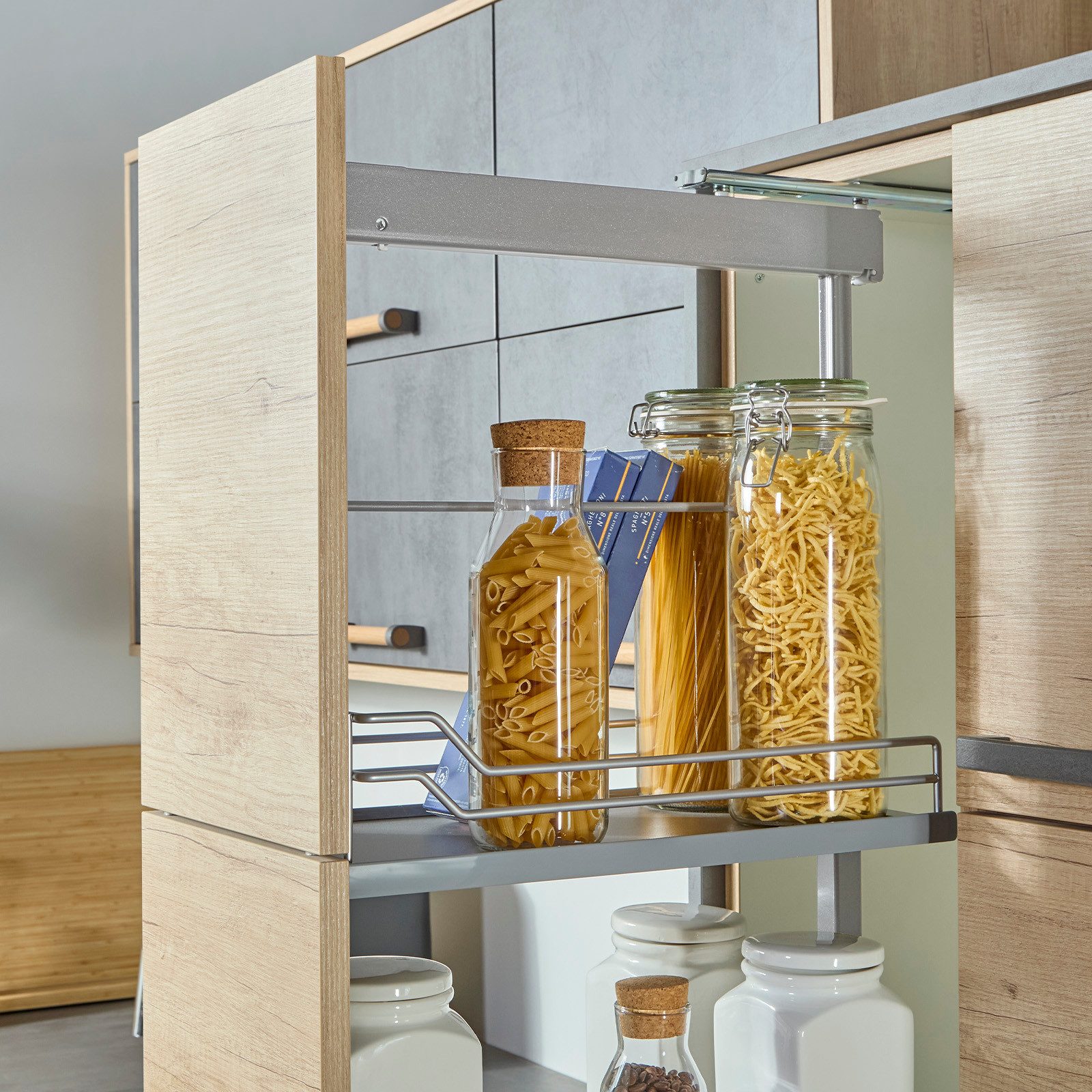 SO-TECH® Auszug Dispensa-X Apothekerauszug SILBERGRAU, Tragkraft bis 100 kg (1 St), Set 120-160cm, 4 Einhängetablare, für Schrankbreite 300mm