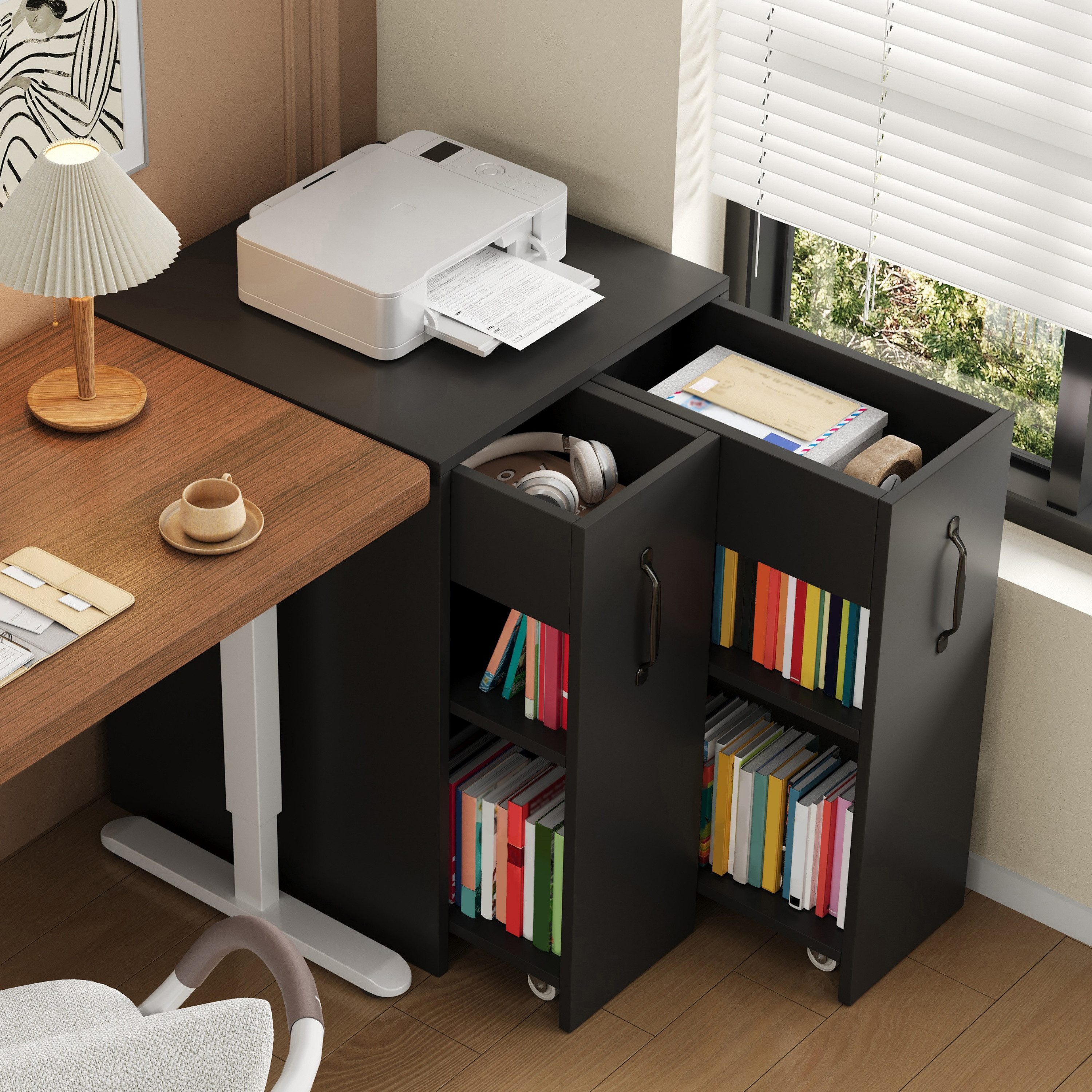 Flieks Bücherregal mit Rollen und 2 Schubladen Weiß/Schwarz, B52/T50/H75 cm 1-tlg., Mehrzweckschrank mit 6 Fächern Büroschrank Holzschrank Beistellschrank