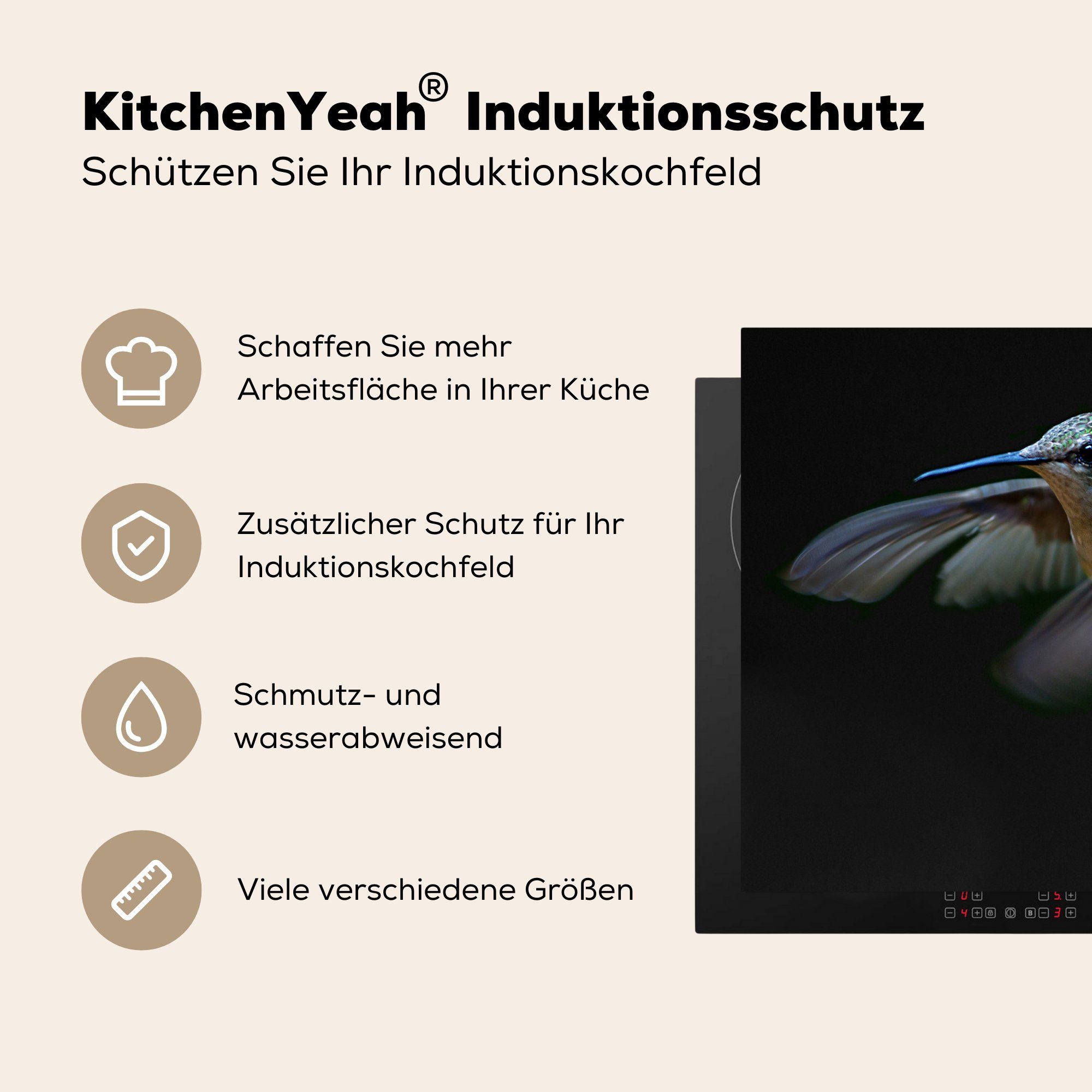 MuchoWow Herdblende-/Abdeckplatte Kolibri - Federn cm, Vinyl, tlg), küche, Induktionsmatte Ceranfeldabdeckung (1 - 59x52 die Schwarz, für