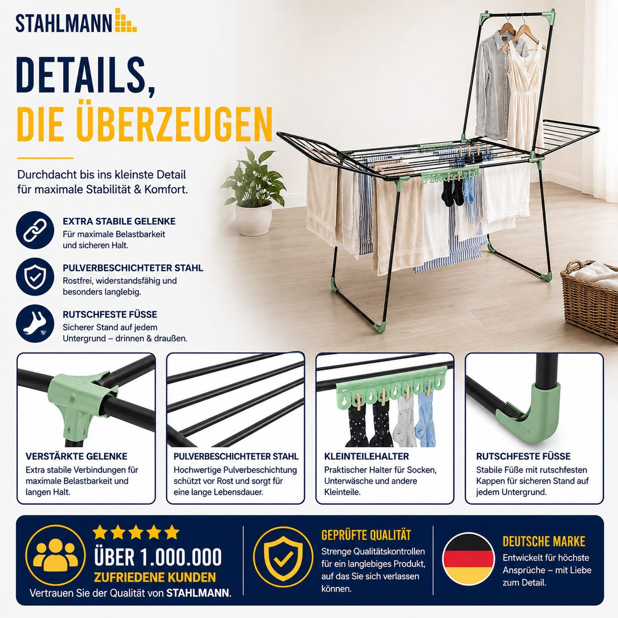 STAHLMANN COMMERCE GmbH Wäscheständer Schwarz XXL, 30 m, mit Kleiderstange, klappbar, Rollen, Sockenhalter, 2-in-1 mit Kleiderstange, Rollen & Sockenhalter – Bild 5 von 5