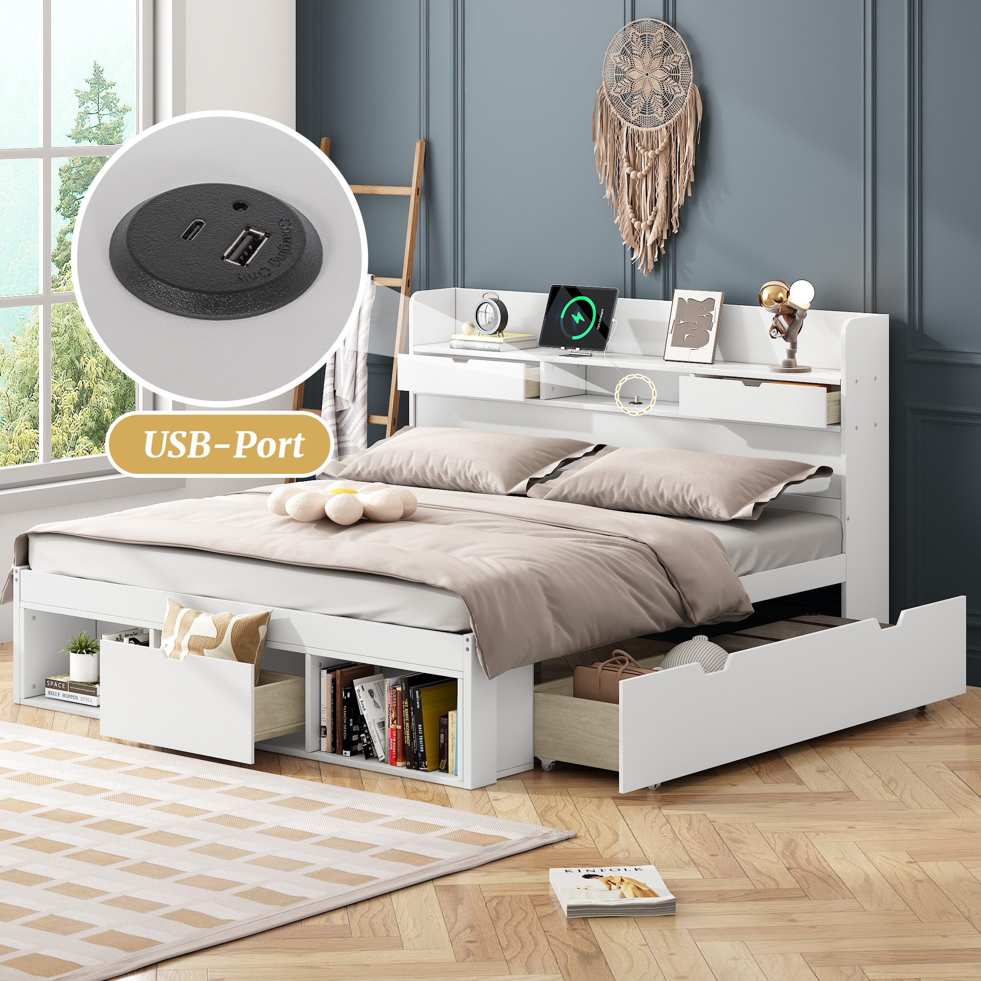 STILVORA Bettgestell 140×200 Jugendbett mit USB-port günstig online kaufen