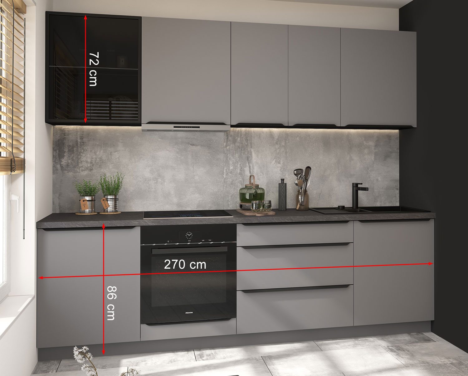 Feldmann-Wohnen Küchenzeile Bonn, (Schubladen mit Teilauszug und Selbsteinzug (Blum Metabox), 270cm lava / dust grey matt, 8-teilig mit Arbeitsplatte