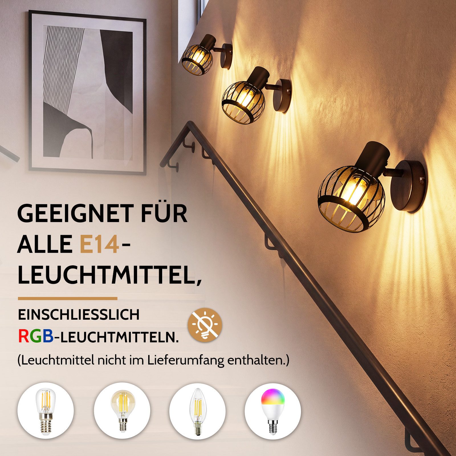 Nettlife Deckenstrahler 1flammig Schwarz Retro E14 Wandlampe Industrie Deckenspot, ohne Leuchtmittel, Käfiglampe aus Metall Wandspot für Schlafzimmer Flur