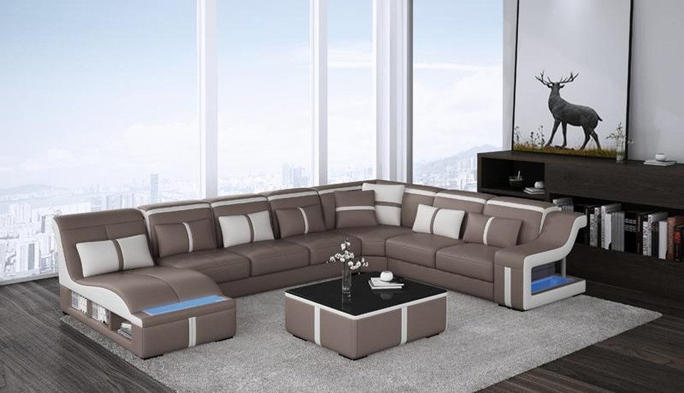 JVmoebel Wohnlandschaft Ecksofa U-Form aus Leder mit integrierter Beleuchtung, Made in Europa