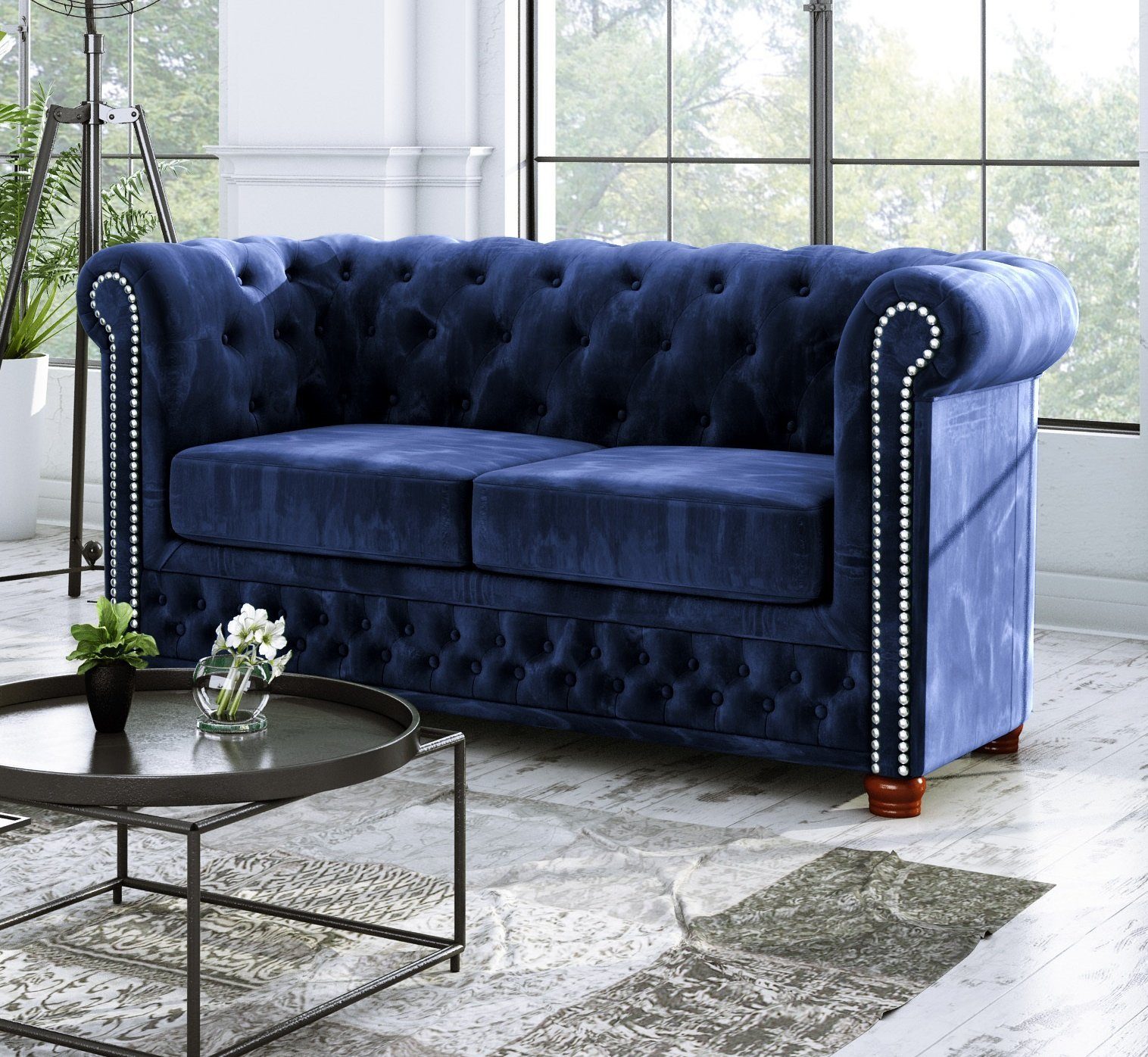 S-Style Möbel 2-Sitzer Leeds Chesterfield Marineblau mit Sofa, Wellenfederung