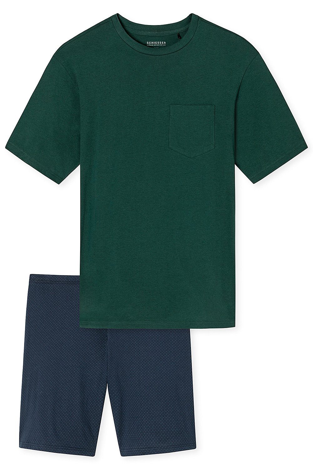 Schiesser Shorty Essentials Set tlg) reiner aus Nightwear kurz (2 Pyjama Baumwolle Herren dunkelgrün