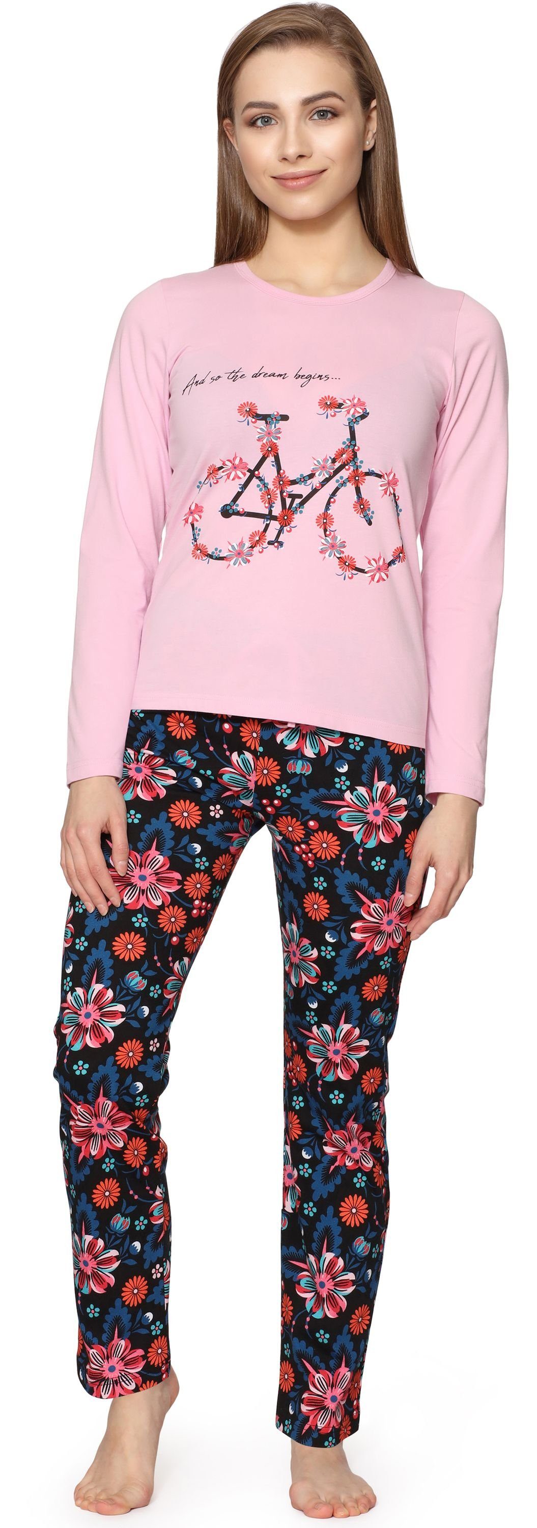 Damen Zweiteilieger Style MS10-192 Licht Schlafanzug Pyjama Rosa/Blumen2 Merry Lang Winter Schlafanzug