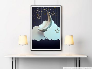 Sinus Art Poster 60x90cm Künstlerische Fotografie Poster Mond mit goldenen Sternen und Wolken