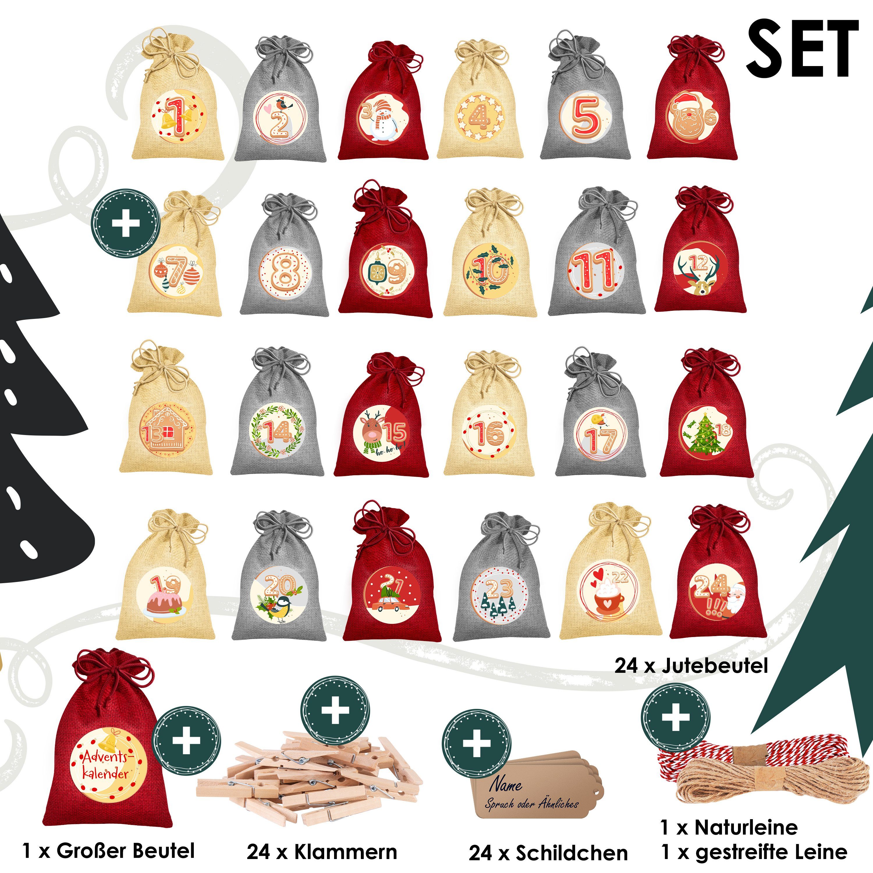 KESSER Adventskalender, Adventskalender zum Befüllen 24 Jutebeutel Stoffbezug gedruckt