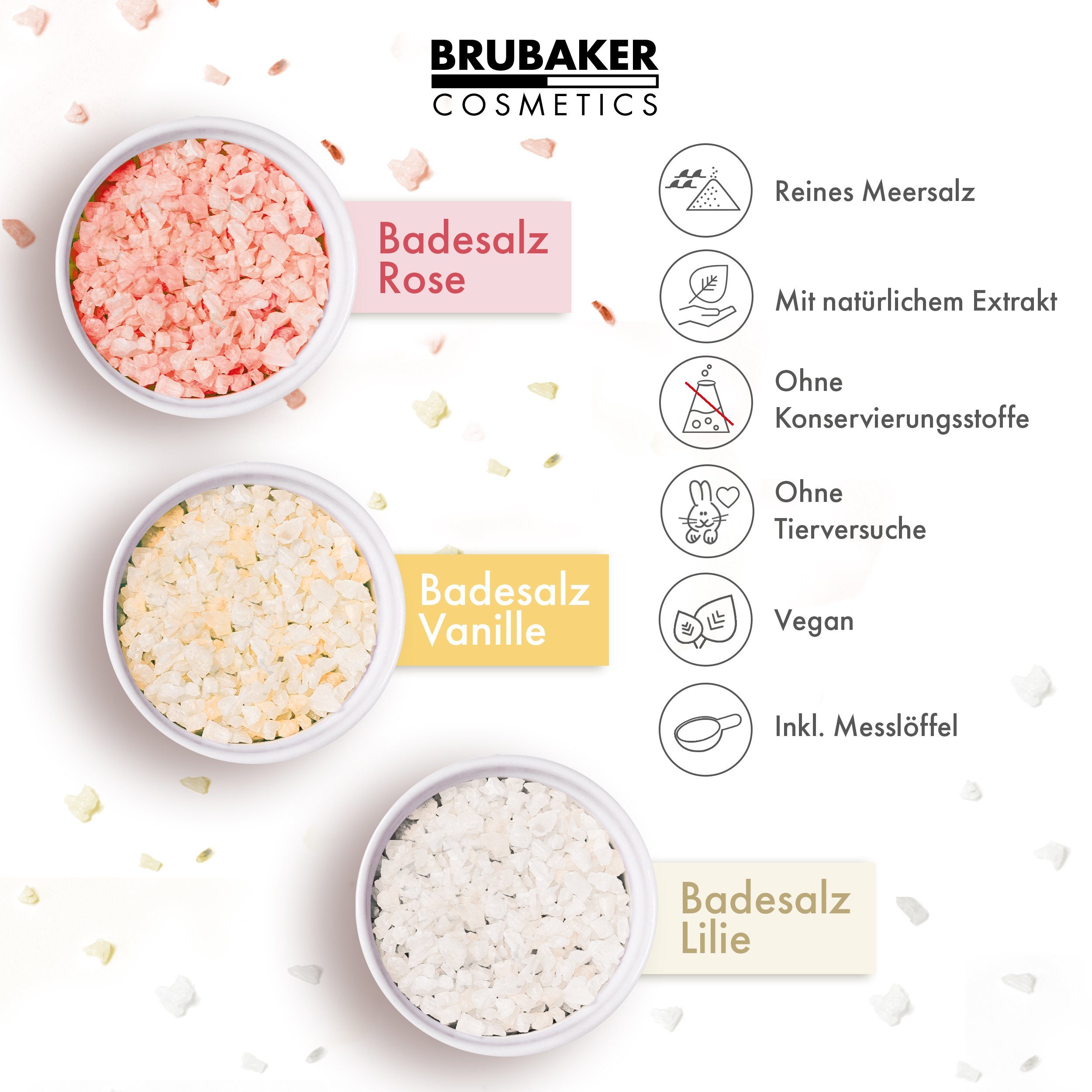 BRUBAKER Badesalz Set - Wellness Lilie für 3-tlg., & mit Badezusatz natürlichen Baden Duft Rose Erholung - Entspannung, und Extrakten, Körperpflege Vanille