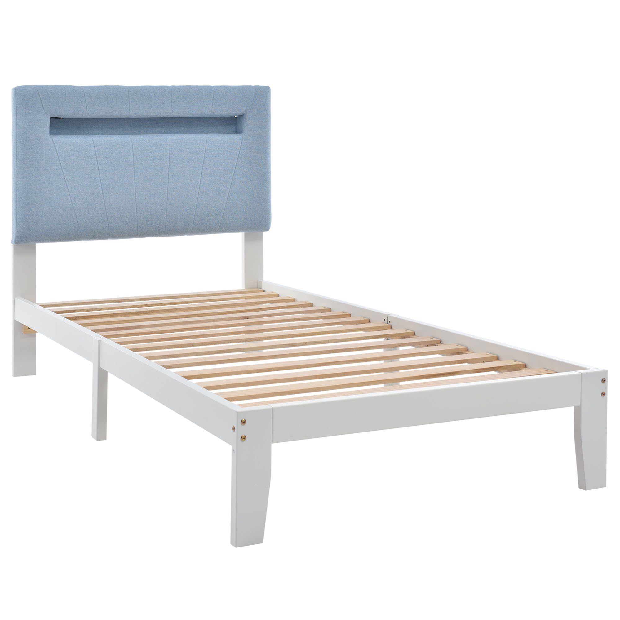 Massivholzbett (Einzelbett Jugendbett), mit LED-Beleuchtung & Polsterkopfteil, 90x200cm