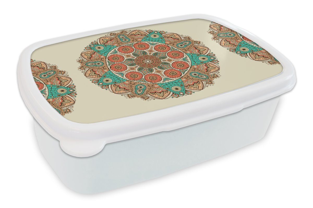 MuchoWow Lunchbox Mandala - Muster - Pfau, Kunststoff, (2-tlg), Brotbox für Kinder und Erwachsene, Brotdose, für Jungs und Mädchen weiß