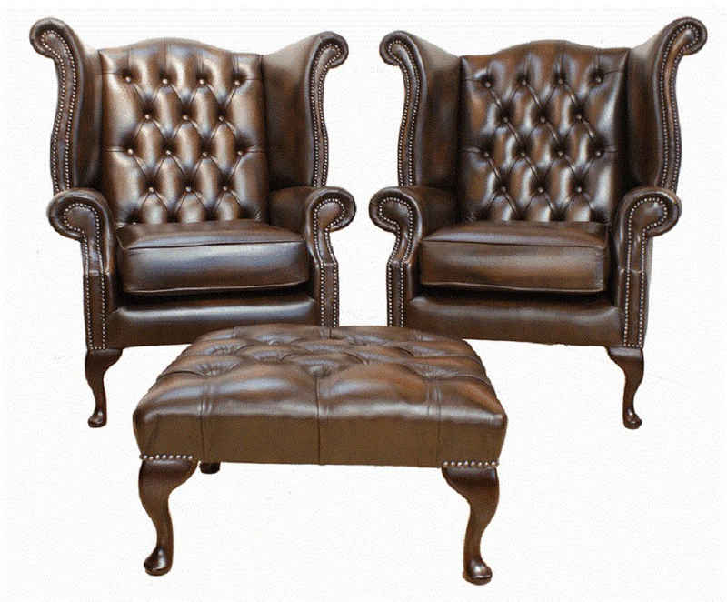 JVmoebel Ohrensessel Chesterfield Set 2x Ohrensessel+ Hocker Garnitur 100% Leder Sofort