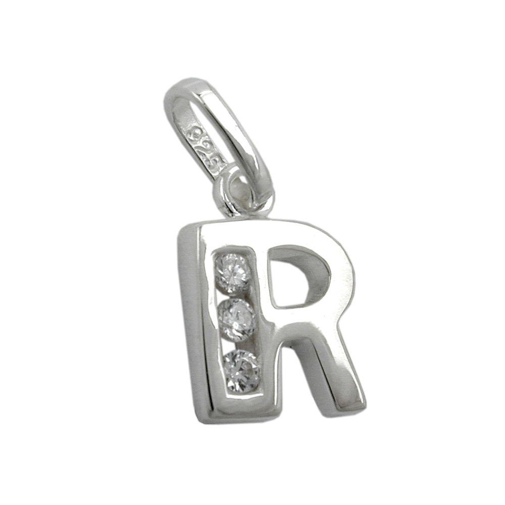 Buchstabenanhänger Anhänger Buchstabe R glänzend mit Zirkonias 925 Silber kl. Schmuckbox