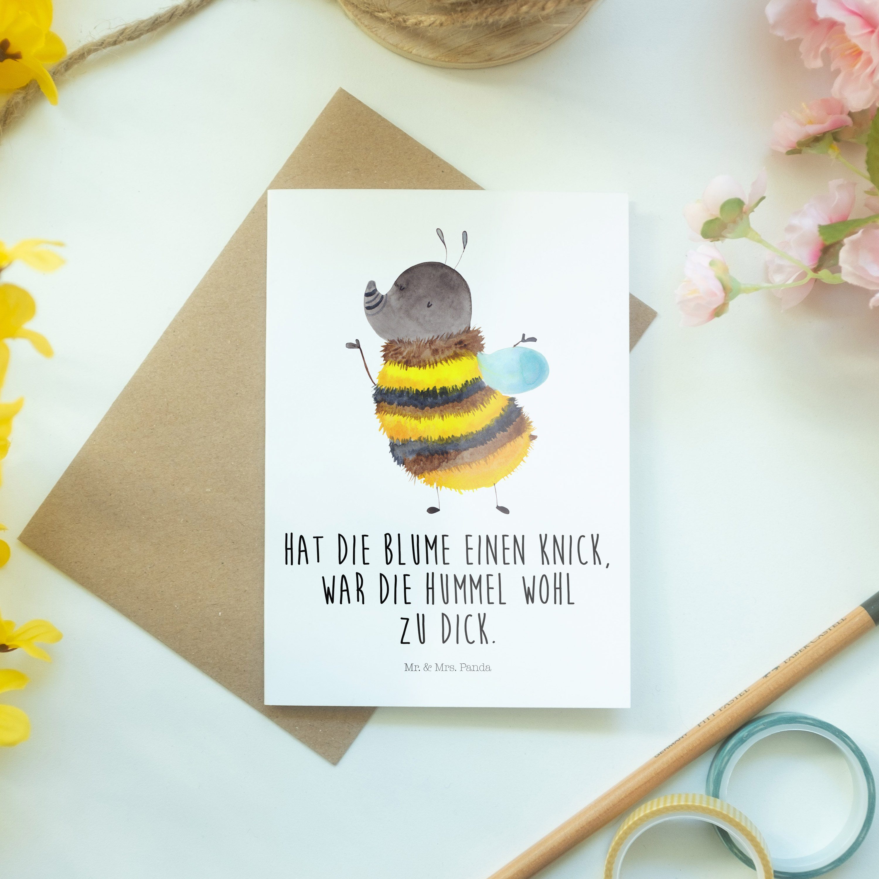 Mr. & Panda - Hummel Mrs. - Hochzei Weiß Geschenk, Blume, flauschig Karte, Grußkarte Tiermotive