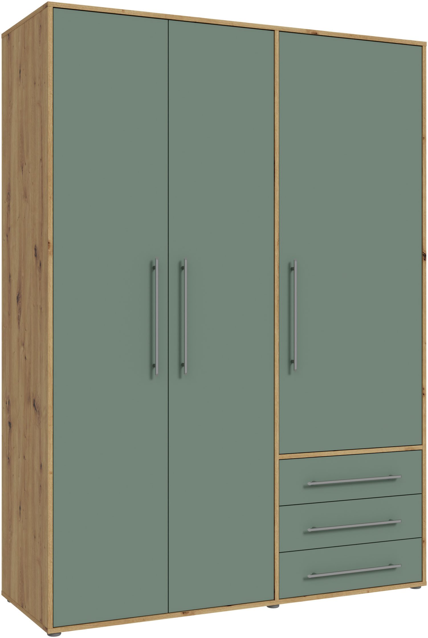 FORTE Drehtürenschrank Kleiderschrank,zeitloses Design,3 türig viel Stauraum, Schubladen, Stangengriffe, Made in Europe