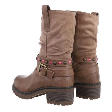 Ital-Design Damen Bikerschuhe Western Stiefelette Blockabsatz Western- & Bikerboots in Hellbraun