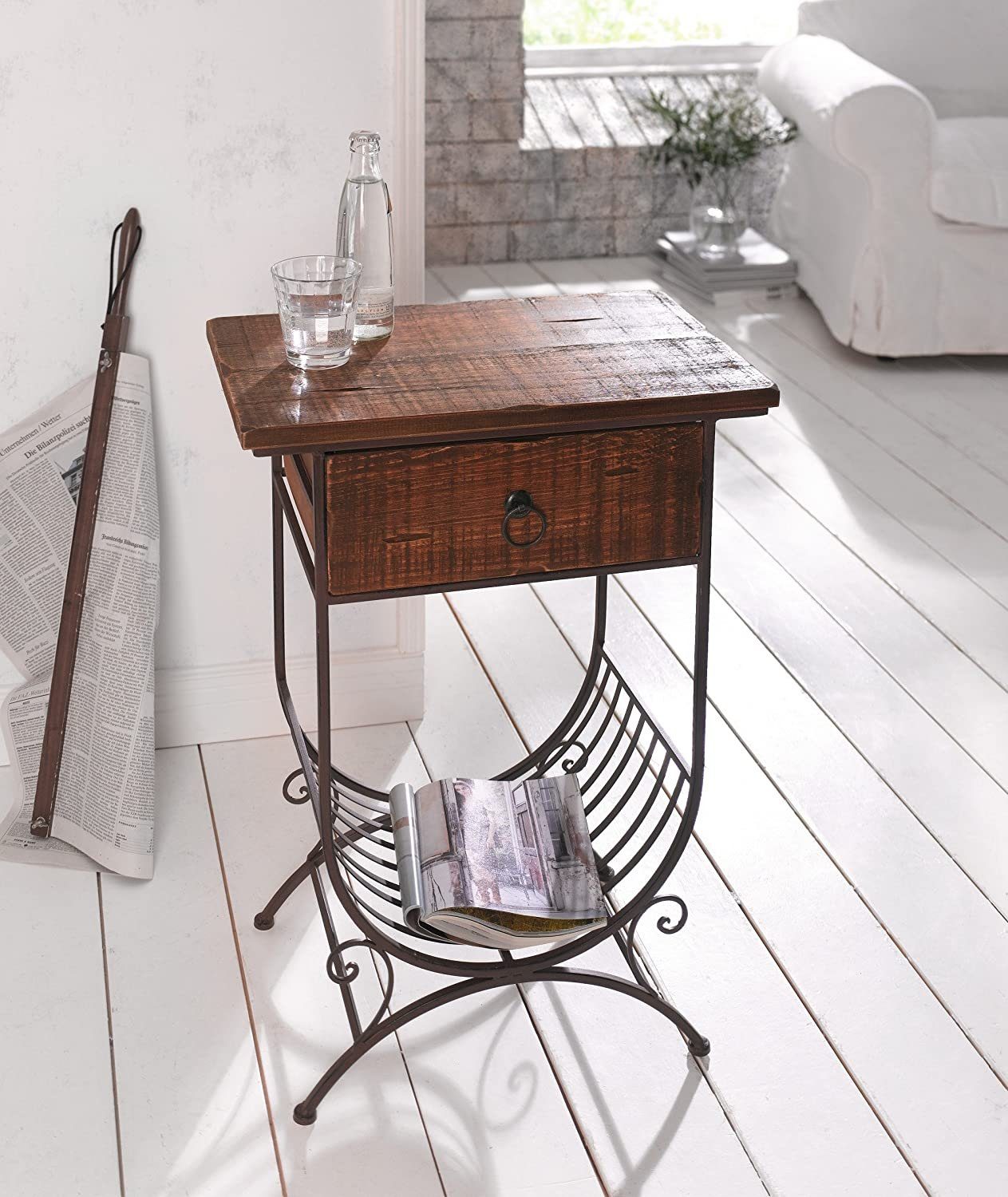 braun, Holz im Dekoleidenschaft Shabby-Look Metall & Schublade in mit Zeitungsablage Antik Beistelltisch "Country-Style" & Design, aus Konsolentisch rustikalem Telefontisch