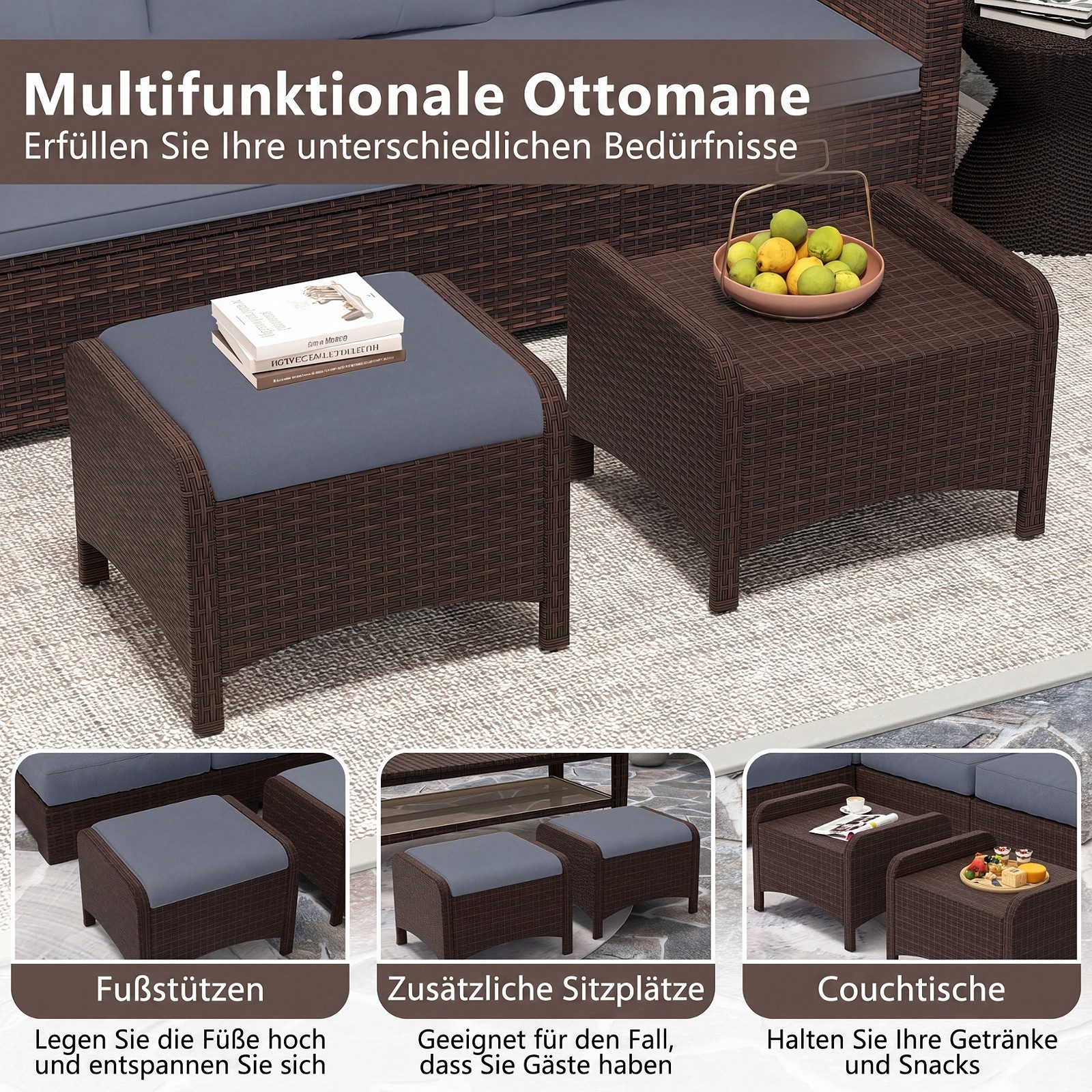 COSTWAY Fußhocker (2er Set), Rattan Sitzhocker mit abnehmbarem Kissen wetterfest 46x54x39,5cm